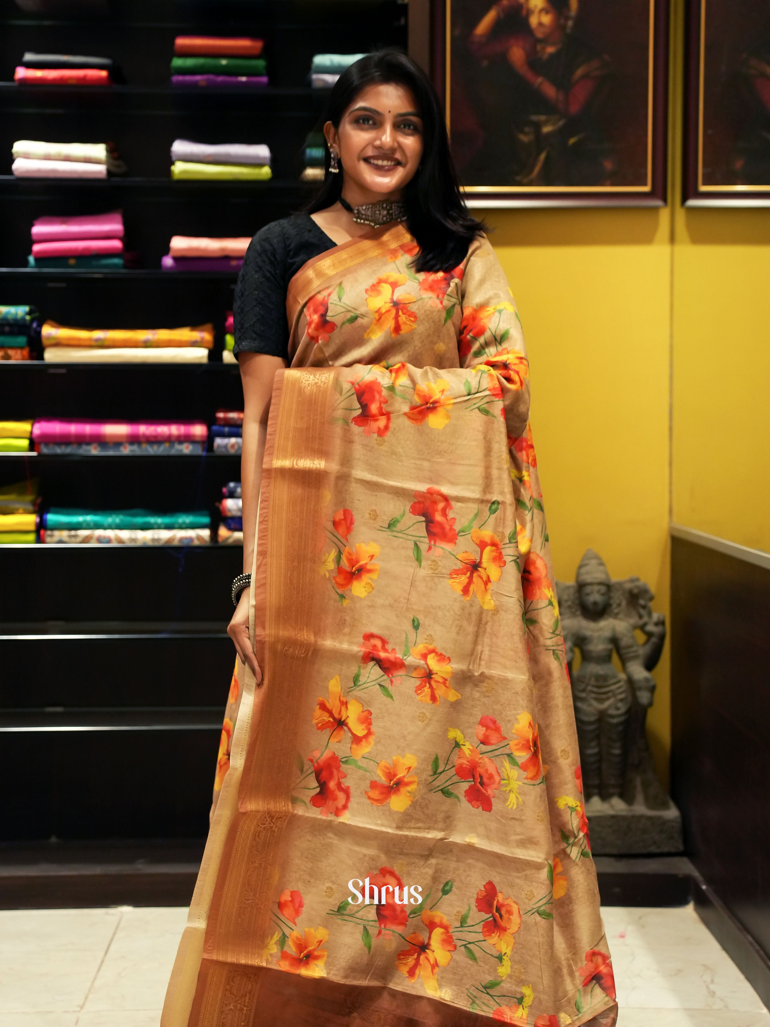 Light Brown & Brown - Semi chanderi Saree - Shop on ShrusEternity.com