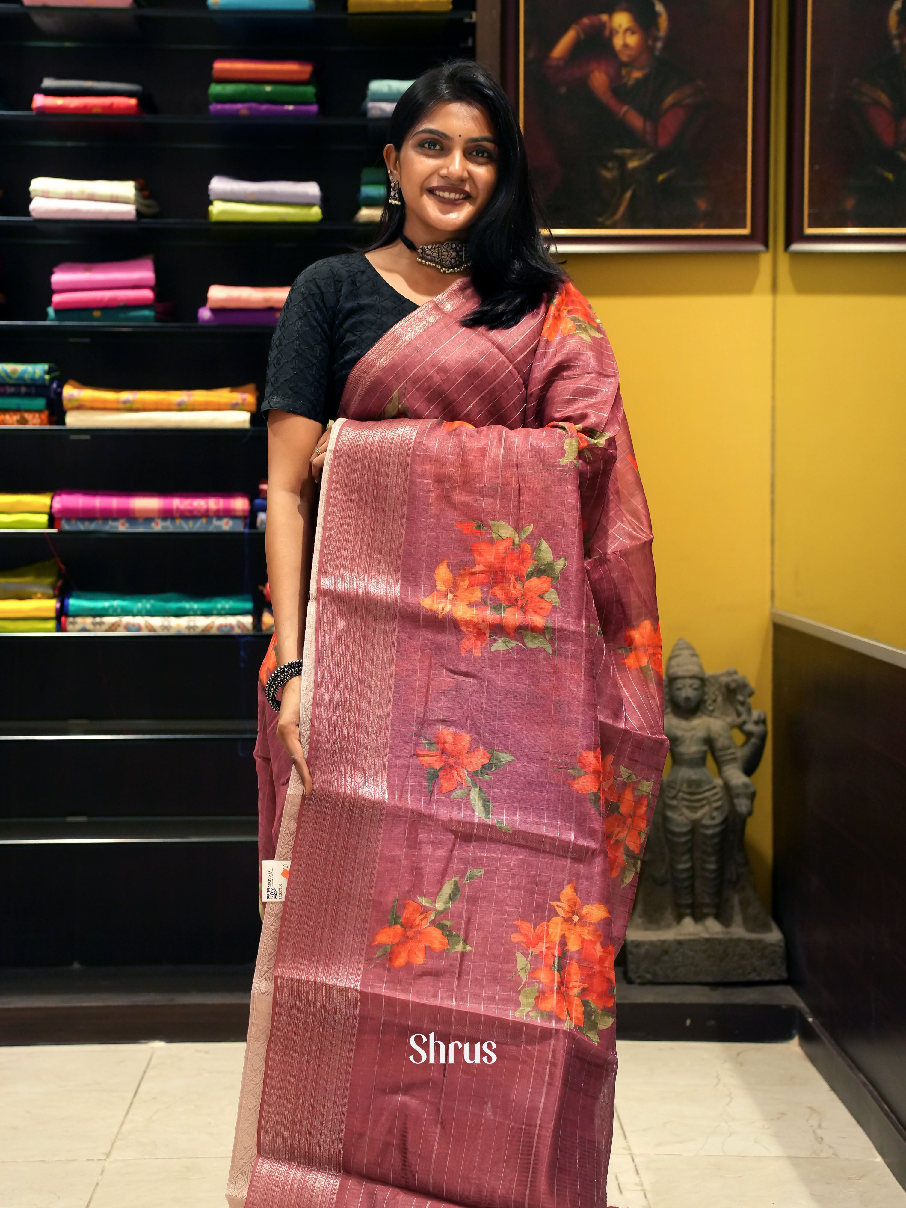 Maroon(Single tone)- Semi Chanderi with floral print , zari checks on the body & Gold zari Border - Shop on ShrusEternity.com