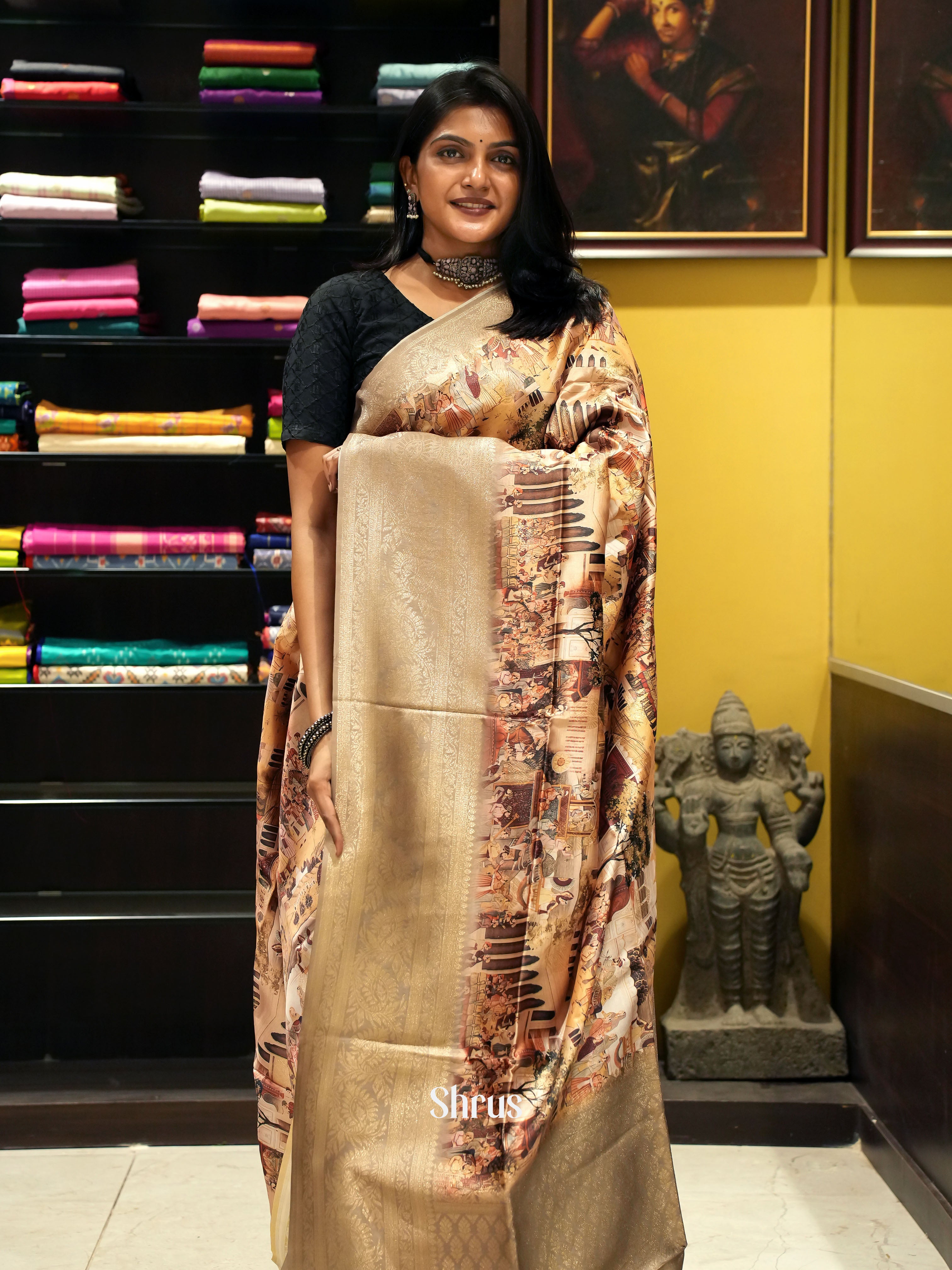 Light Brown & Grey -Semi Dupion with printed body & Contrast zari Border - Shop on ShrusEternity.com