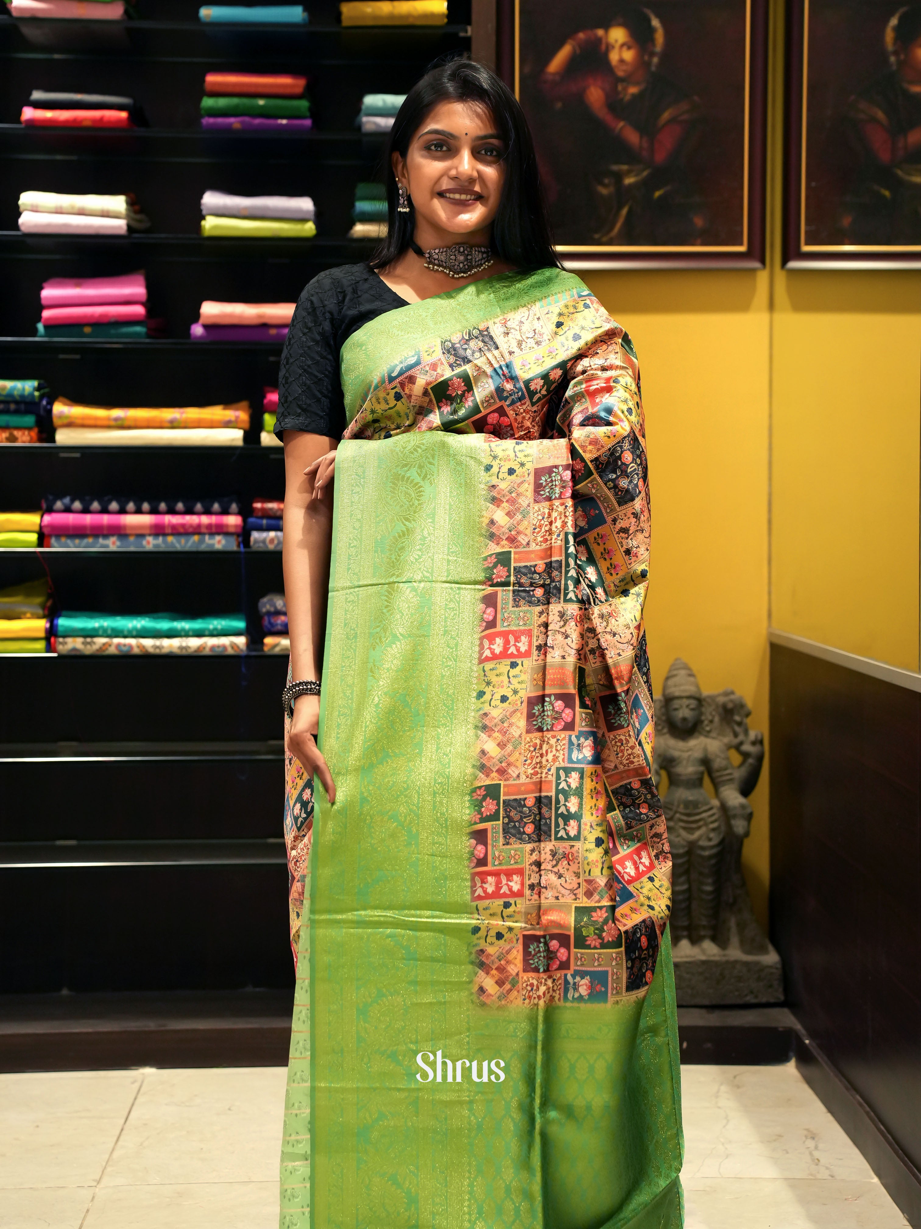 Multicolor & Green - Semi Dupion with floral print on the body & Contrast Border - Shop on ShrusEternity.com