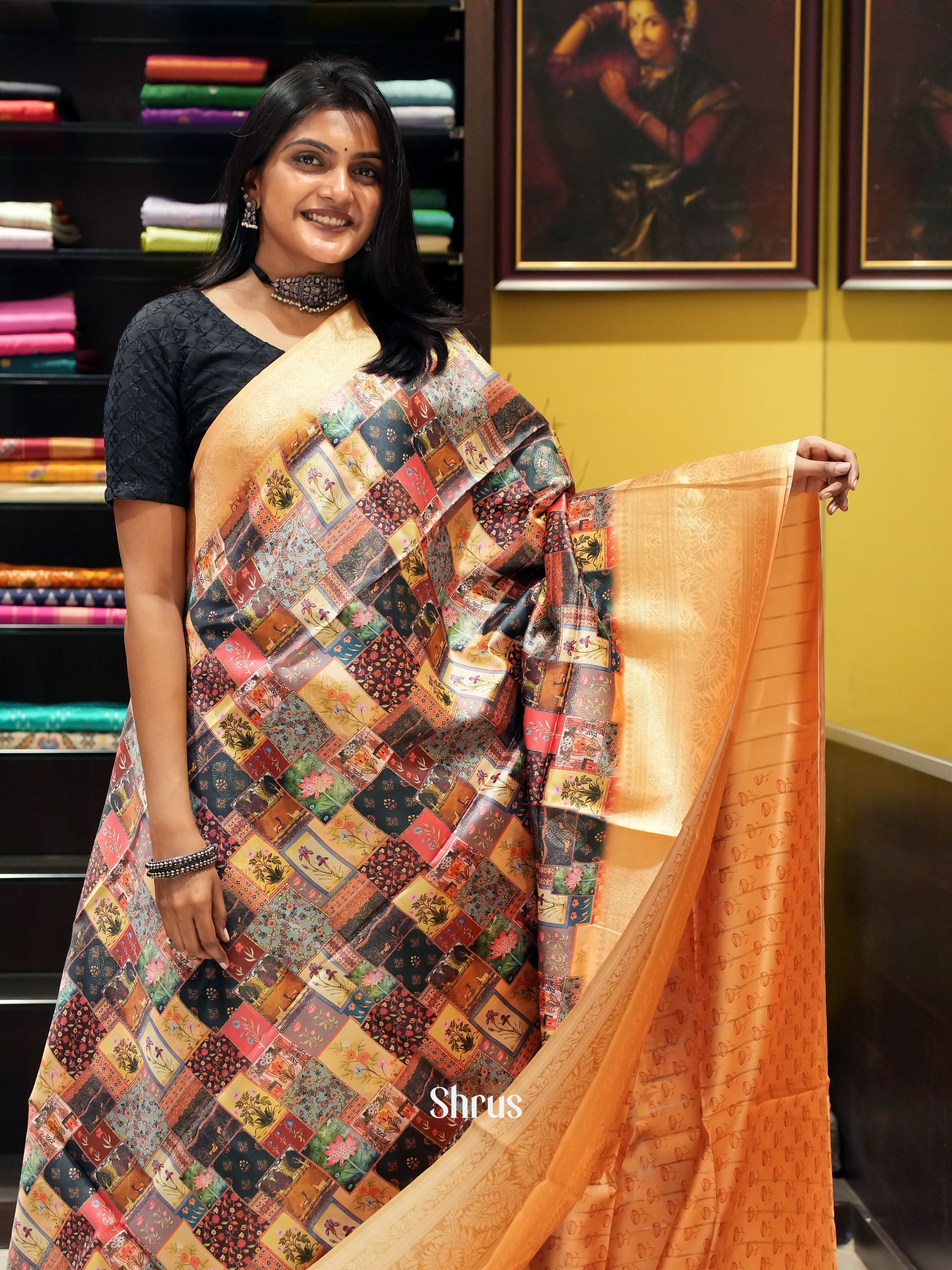 Multicolor & Sandal - Semi Dupion with floral print on the body & Contrast zari Border - Shop on ShrusEternity.com