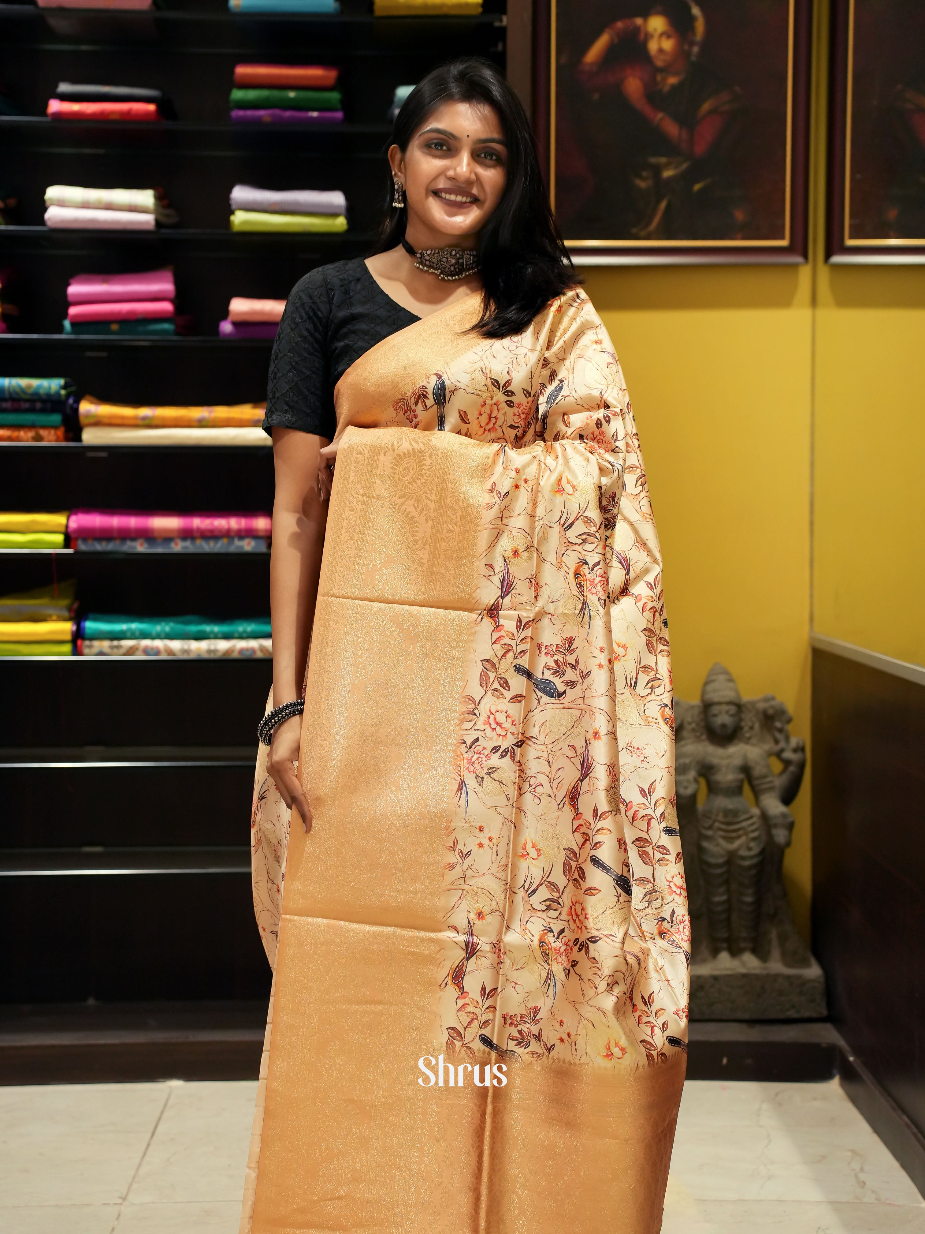 Dark Beige(Single Tone)- Semi Dupion with floral print on the body & zari Border - Shop on ShrusEternity.com