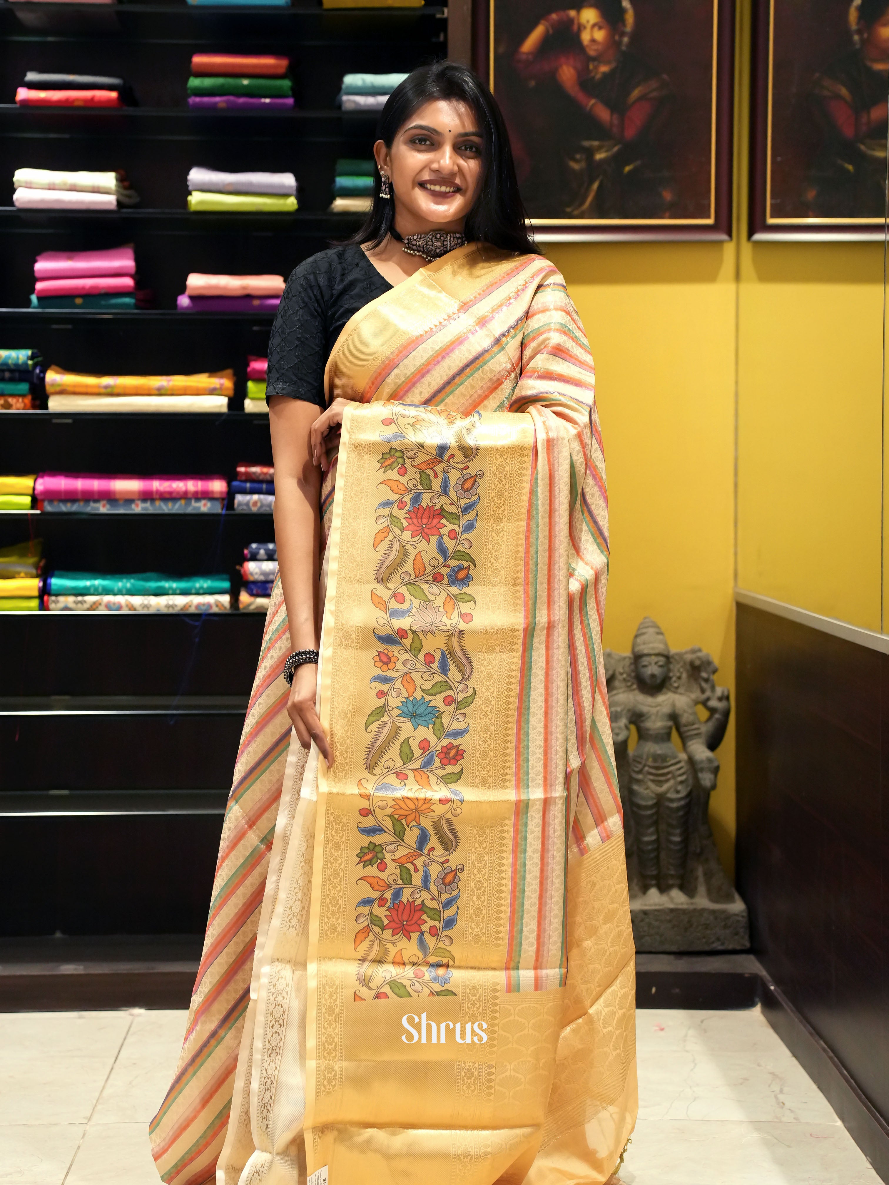 Cream & Yellow - Semi Dupion Saree - Shop on ShrusEternity.com