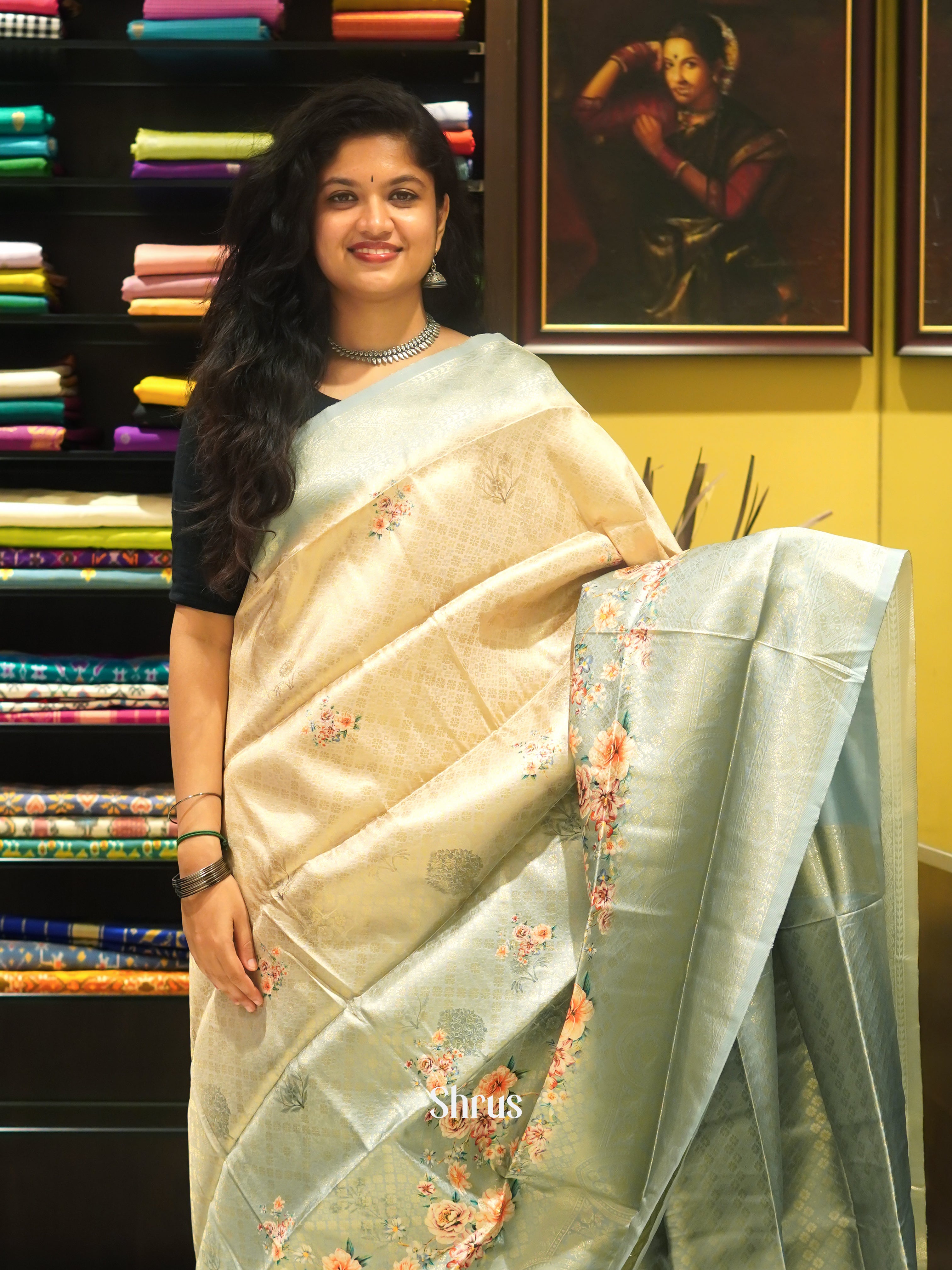 Bluish Grey & Beige- Semi Georgette Saree - Shop on ShrusEternity.com