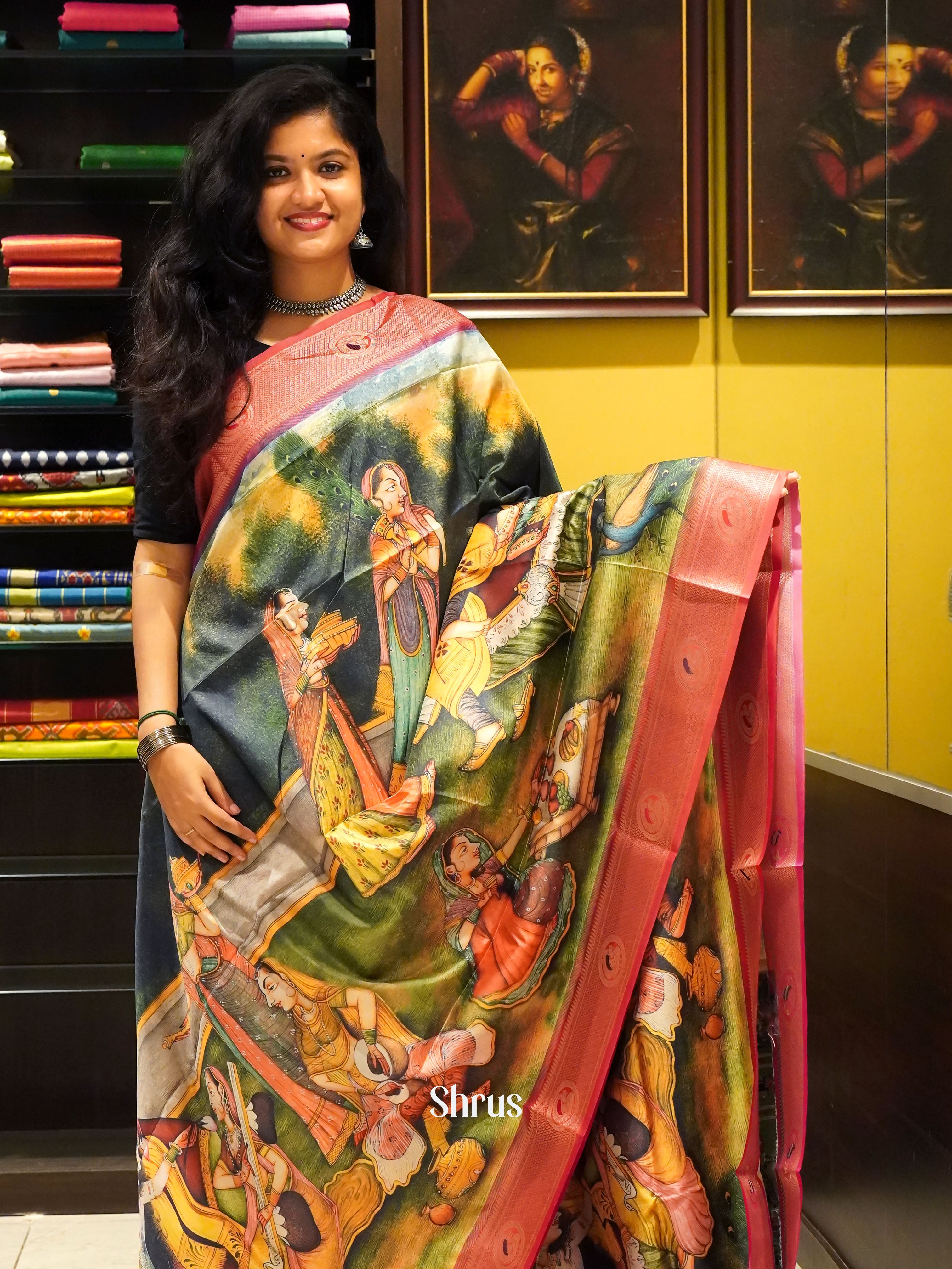 Green & Orange -Semi Paithani with art printed body & Zari Border - Shop on ShrusEternity.com