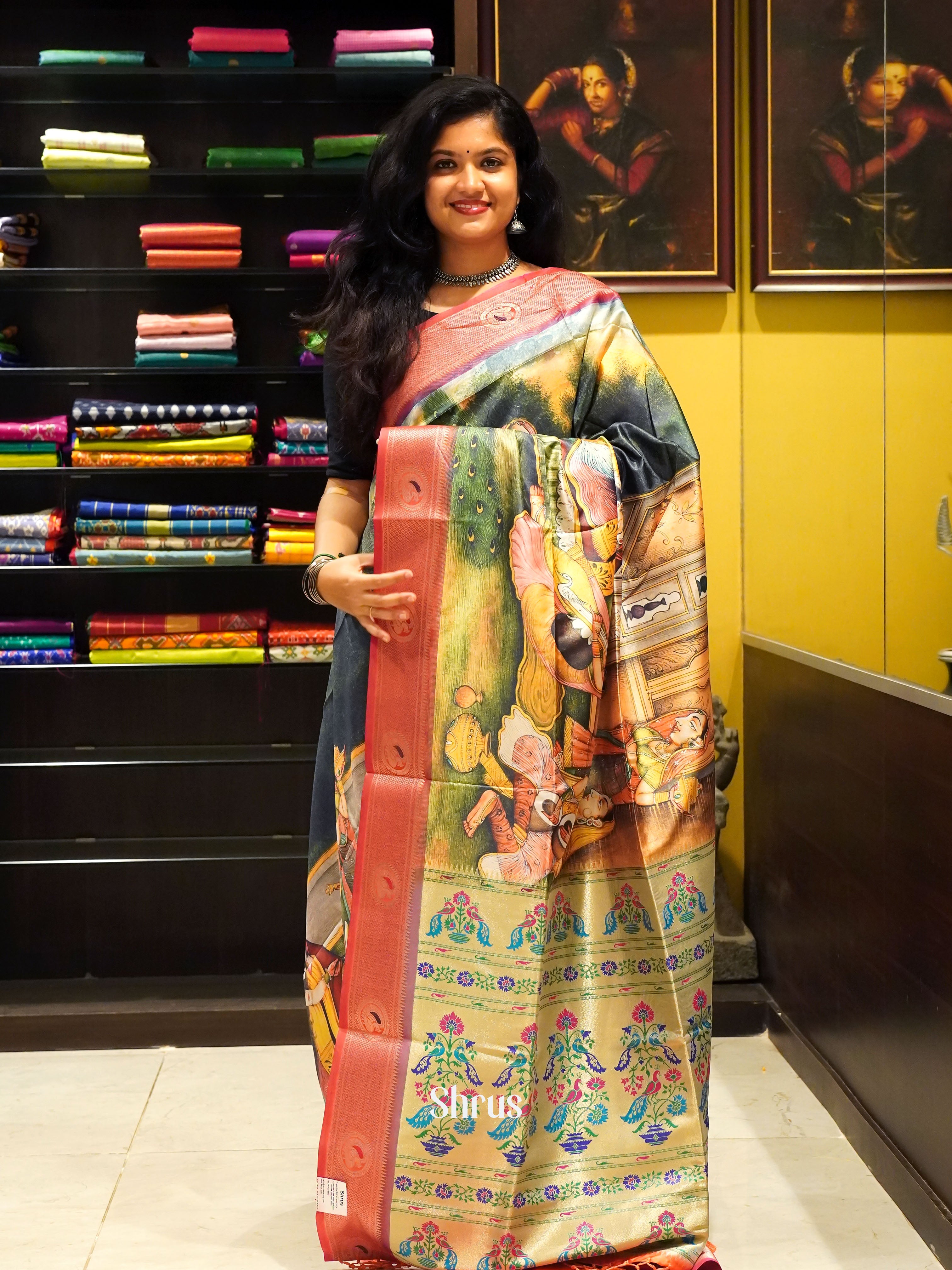 Green & Orange -Semi Paithani with art printed body & Zari Border - Shop on ShrusEternity.com