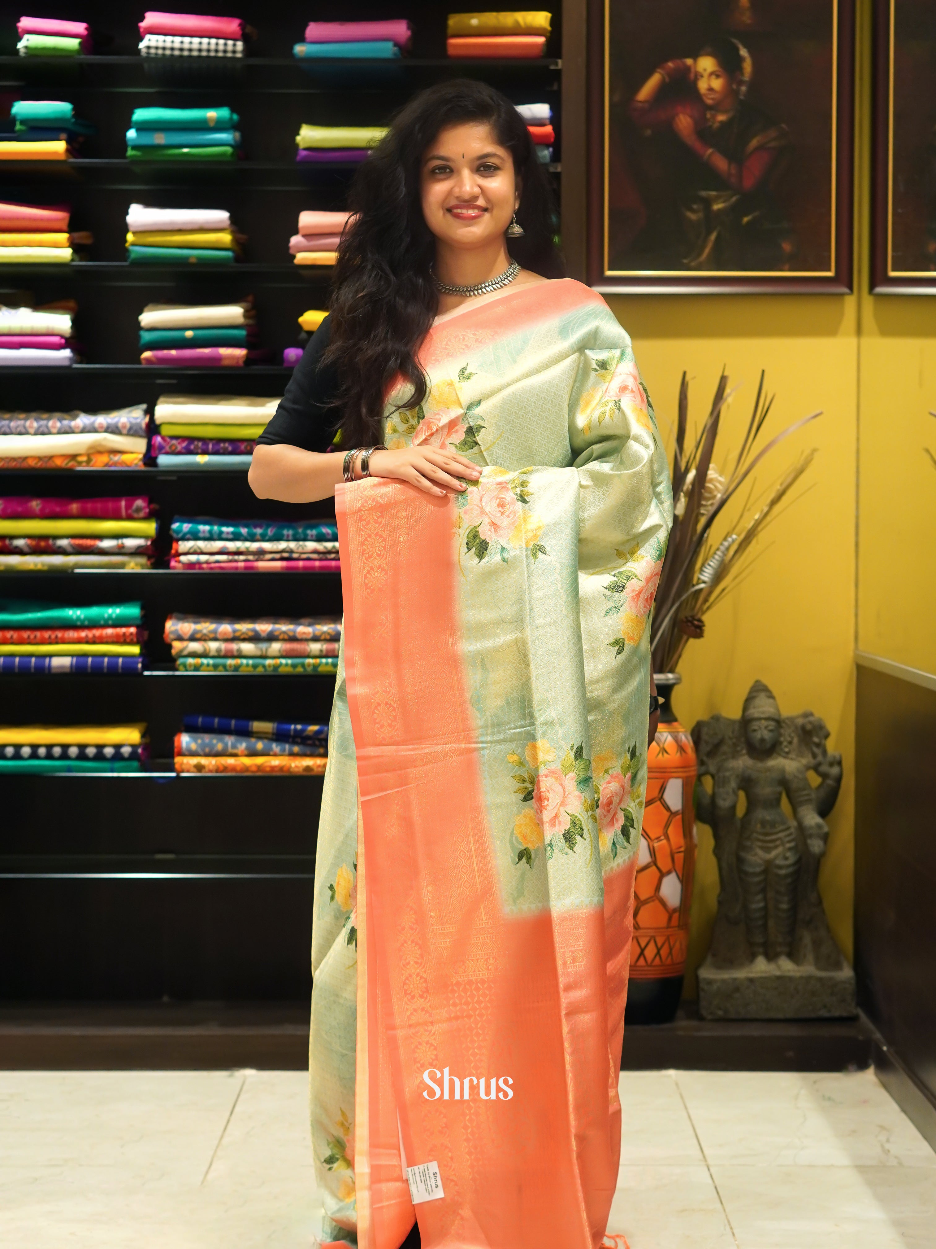 Green & Orange - Semi Georgette Saree - Shop on ShrusEternity.com