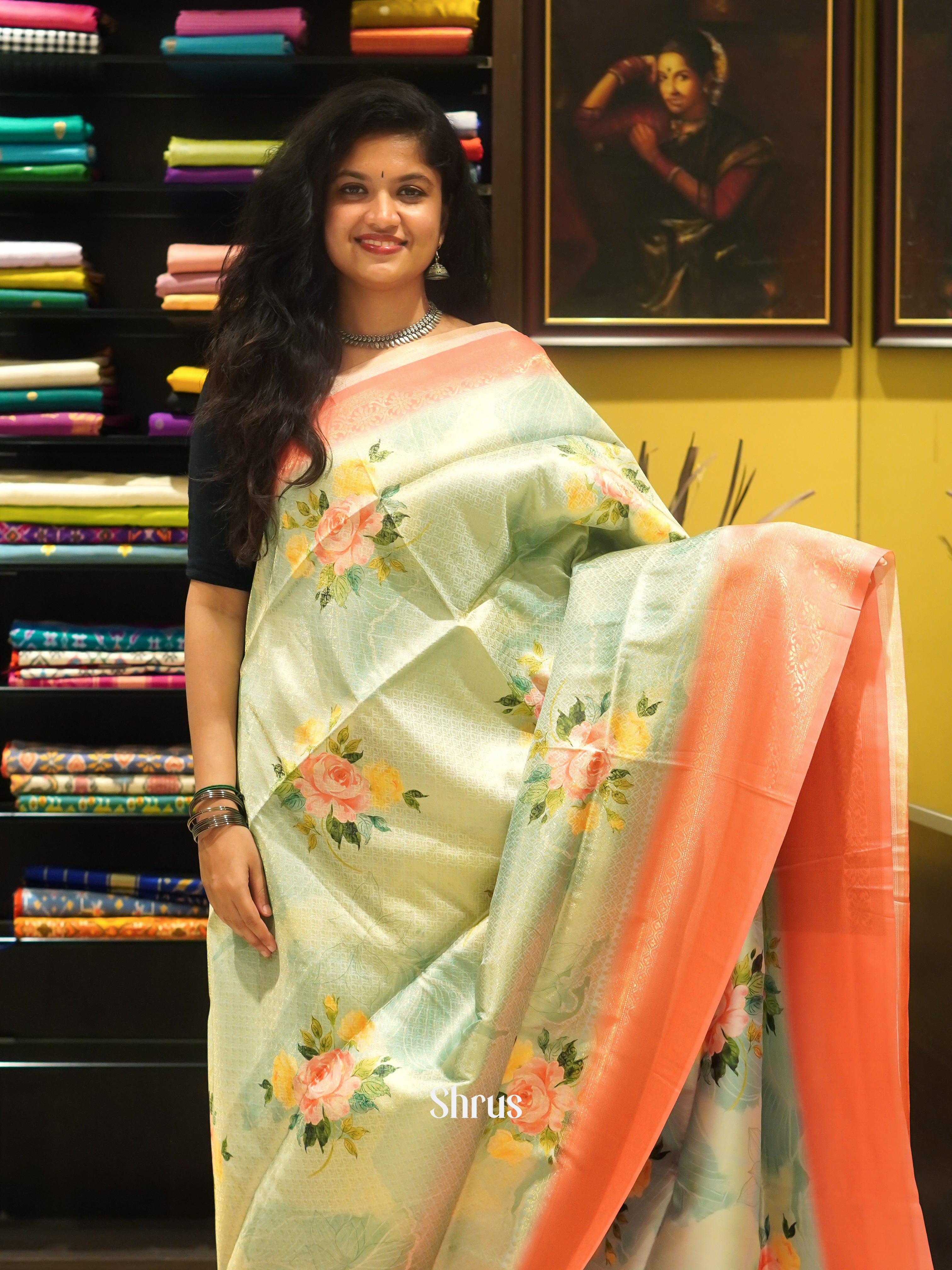 Green & Orange - Semi Georgette Saree - Shop on ShrusEternity.com