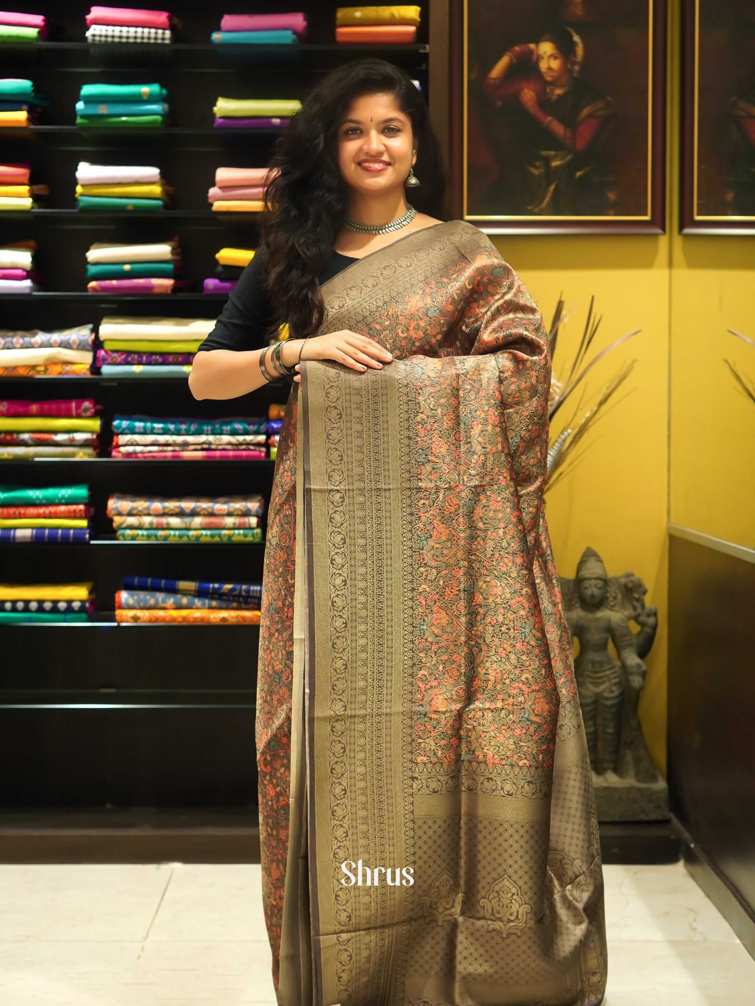 Brown(Single Tone) -Semi Georgette with floral print on the body & Zari Border - Shop on ShrusEternity.com