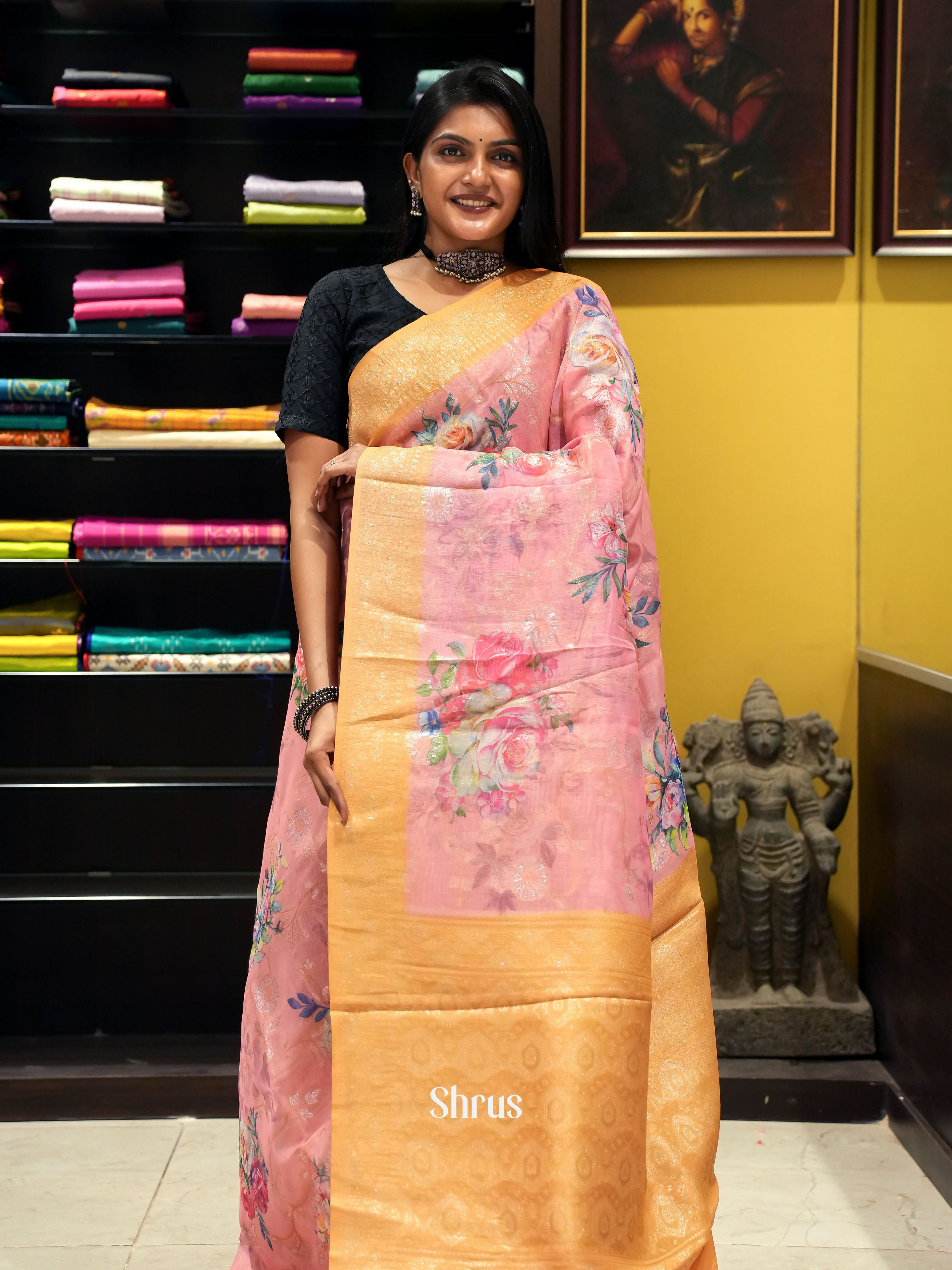 Pink & Yellow -Semi Chanderi with floral print on the body & Zari Border - Shop on ShrusEternity.com