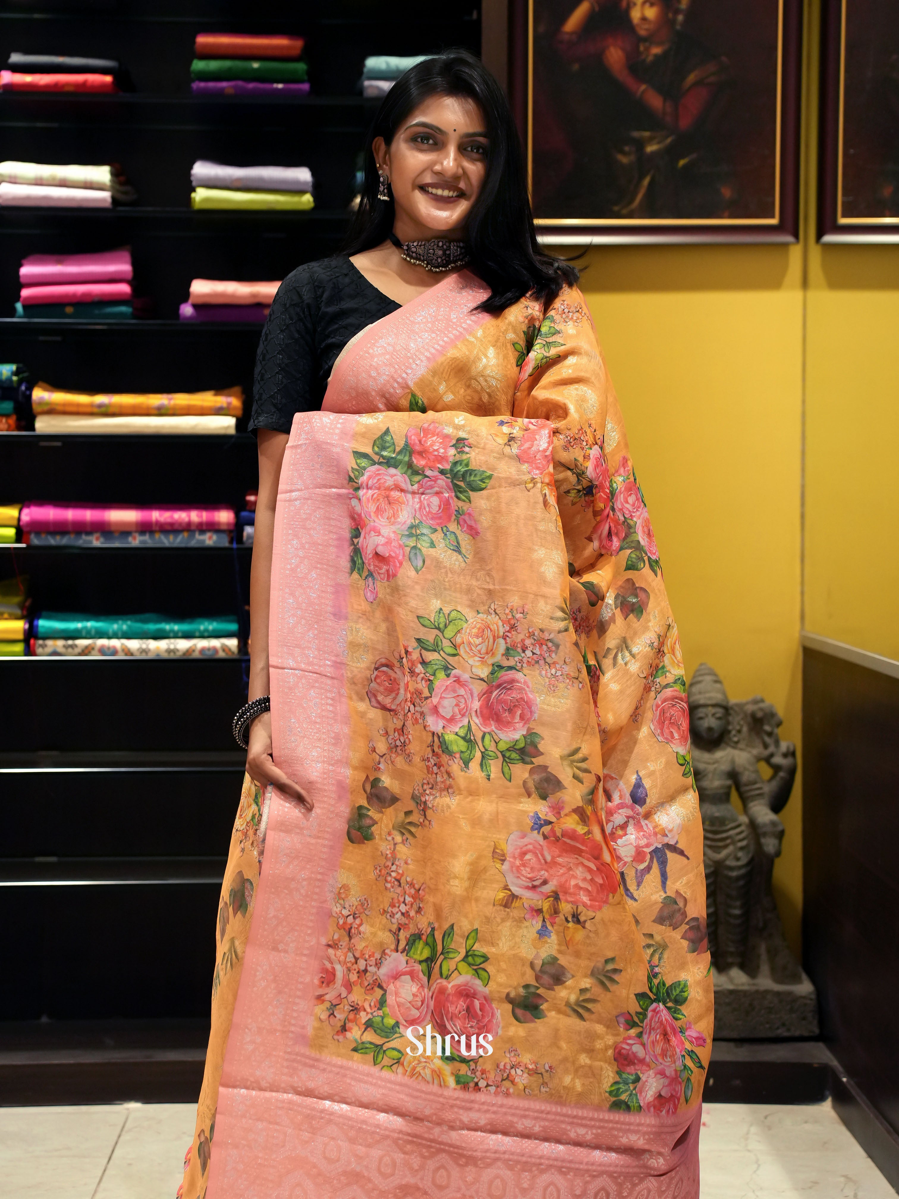 Yellow & Pink - Semi Chanderi with floral print on the body & Zari Border - Shop on ShrusEternity.com