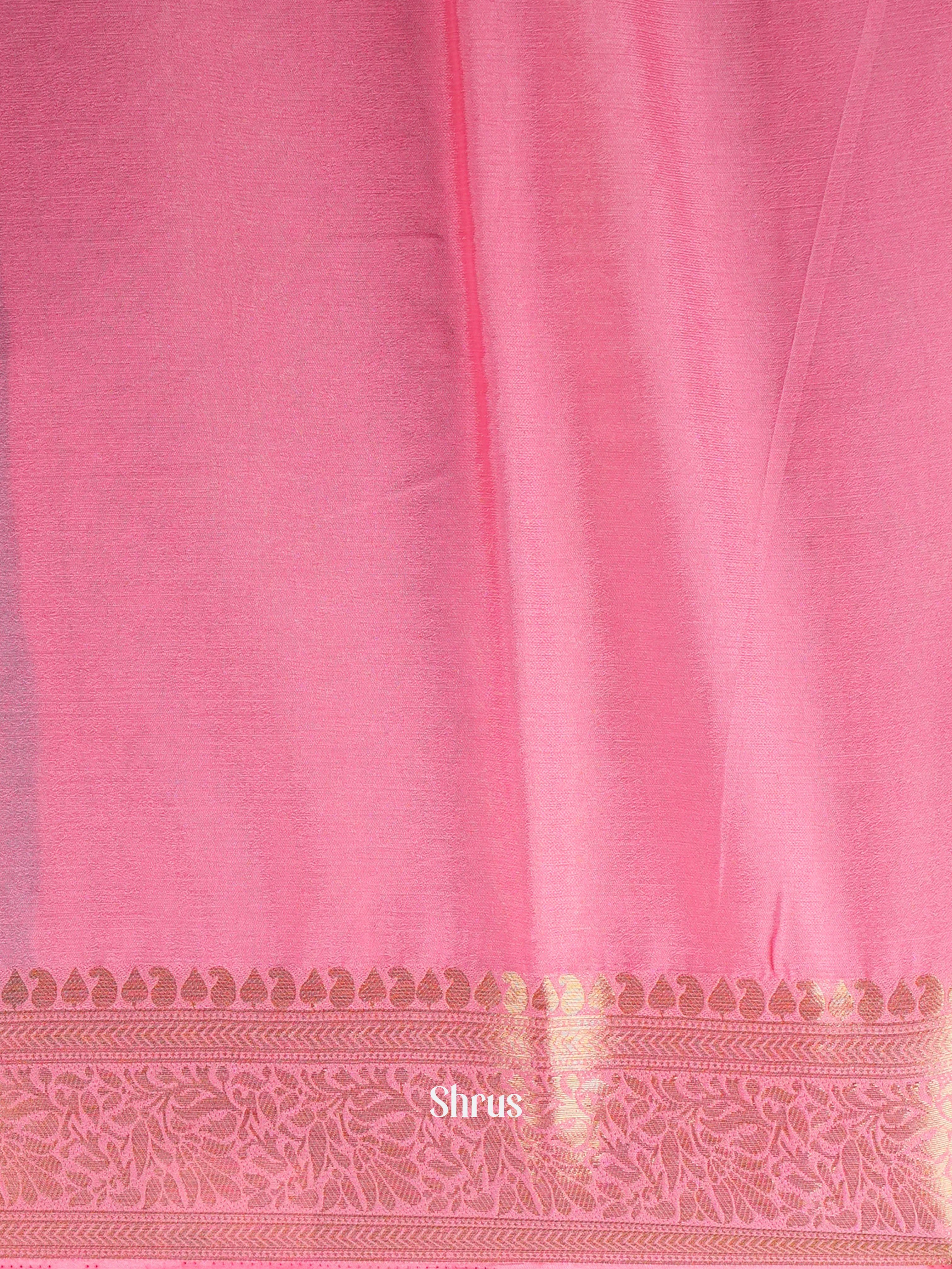 Green & Pink- Semi Mysore Silk with Zari woven floral motifs , wavy Stripes on the body & Gold Zari Border - Shop on ShrusEternity.com