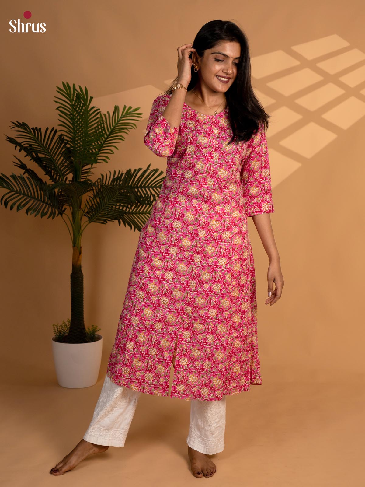 Pink - floral printed Readymade Kurti - Shop on ShrusEternity.com