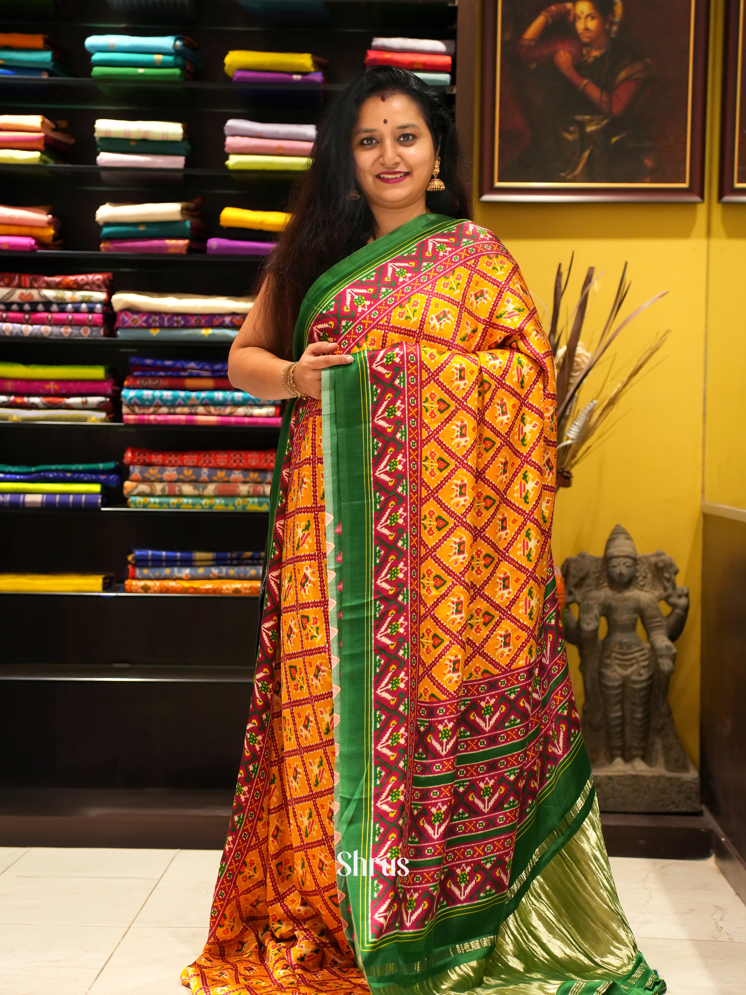 Mustardy Yellow & Green - Modal Silk with patola printed body & Contrast printed Border - Shop on ShrusEternity.com