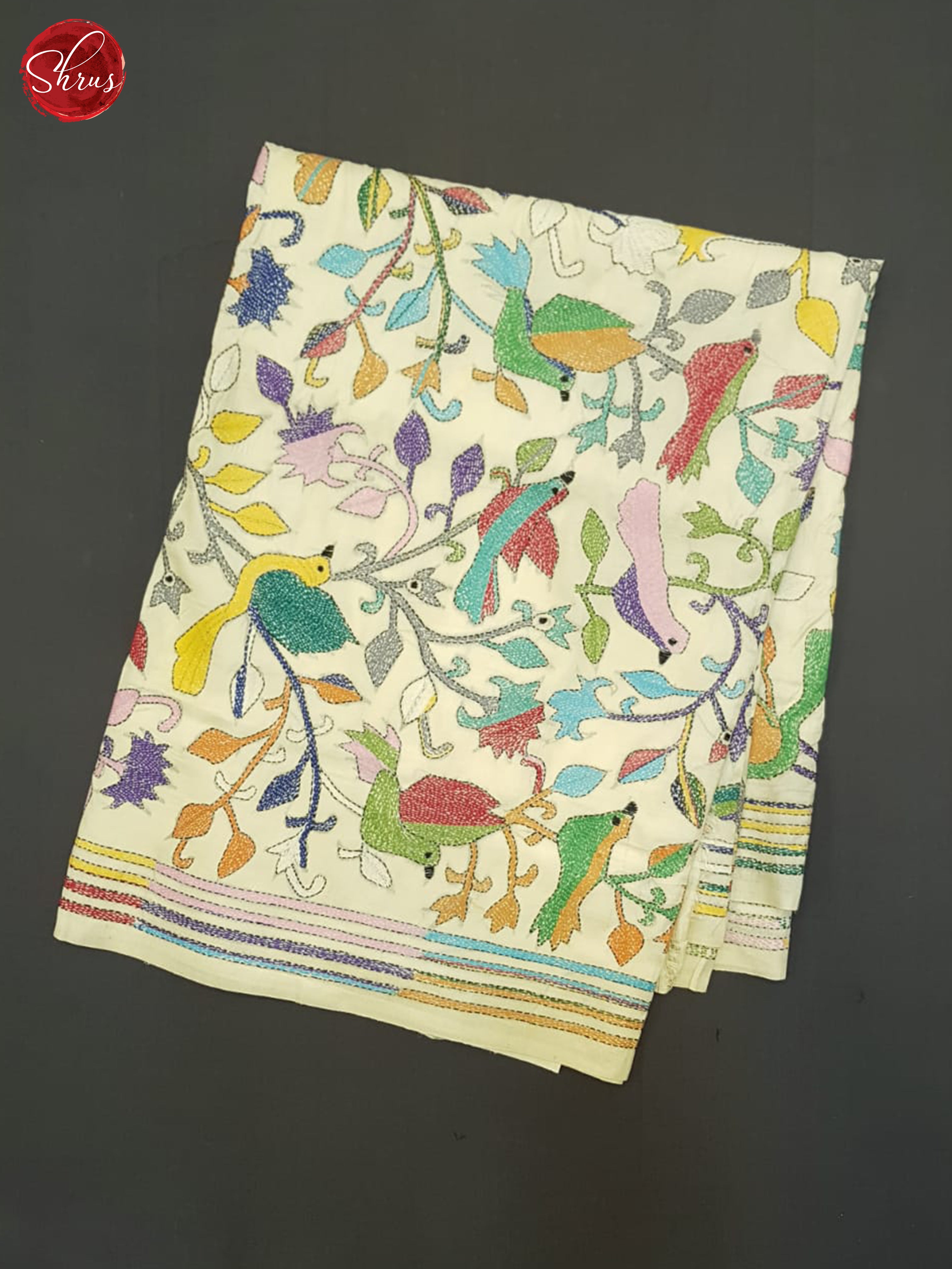 Cream- Tussar Saree(Kantha Stitch) - Shop on ShrusEternity.com