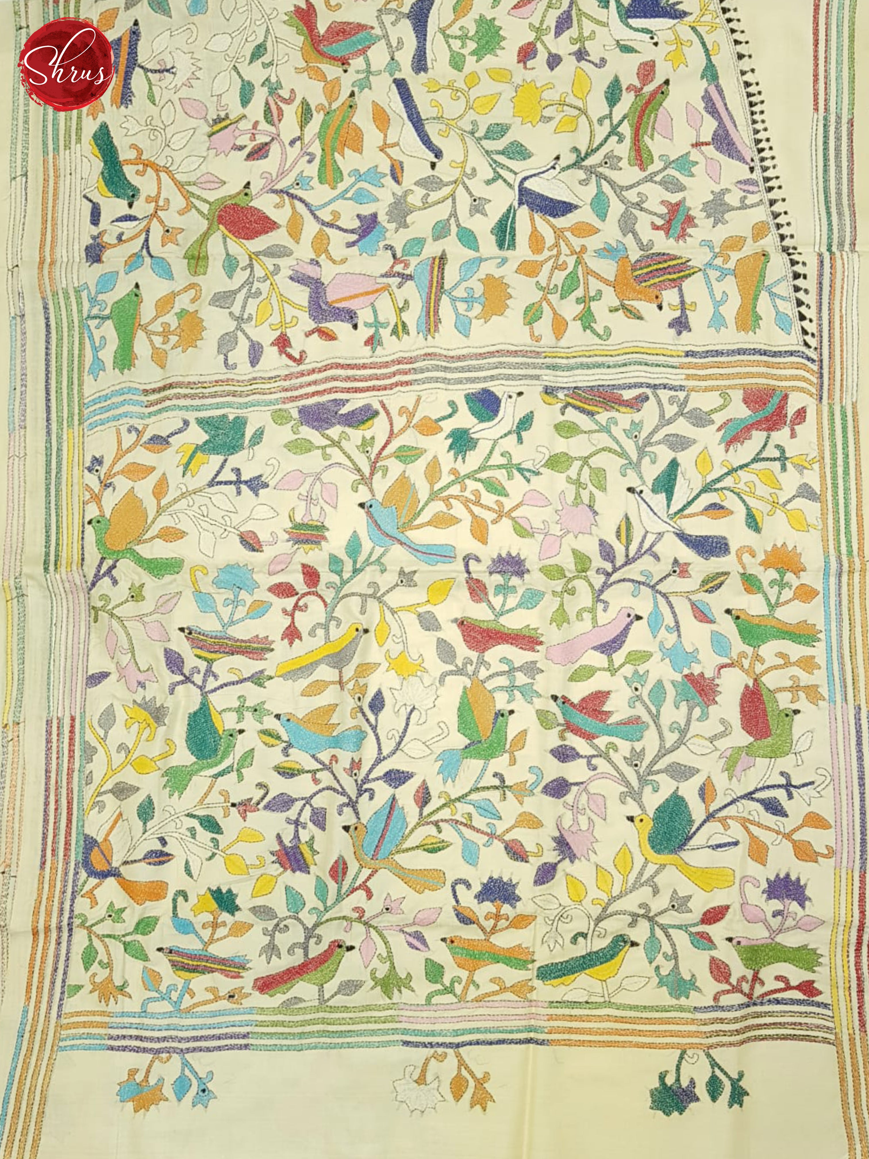 Cream- Tussar Saree(Kantha Stitch) - Shop on ShrusEternity.com