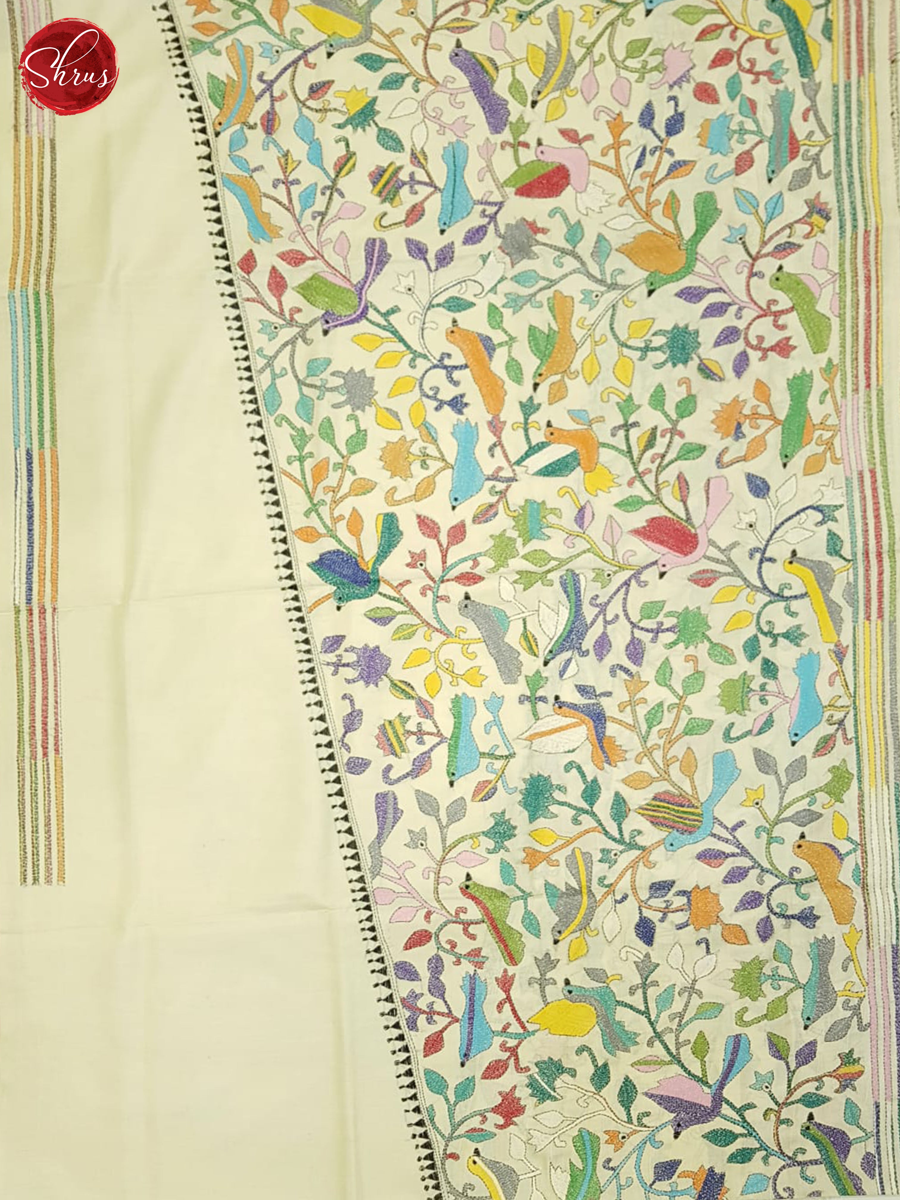 Cream- Tussar Saree(Kantha Stitch) - Shop on ShrusEternity.com