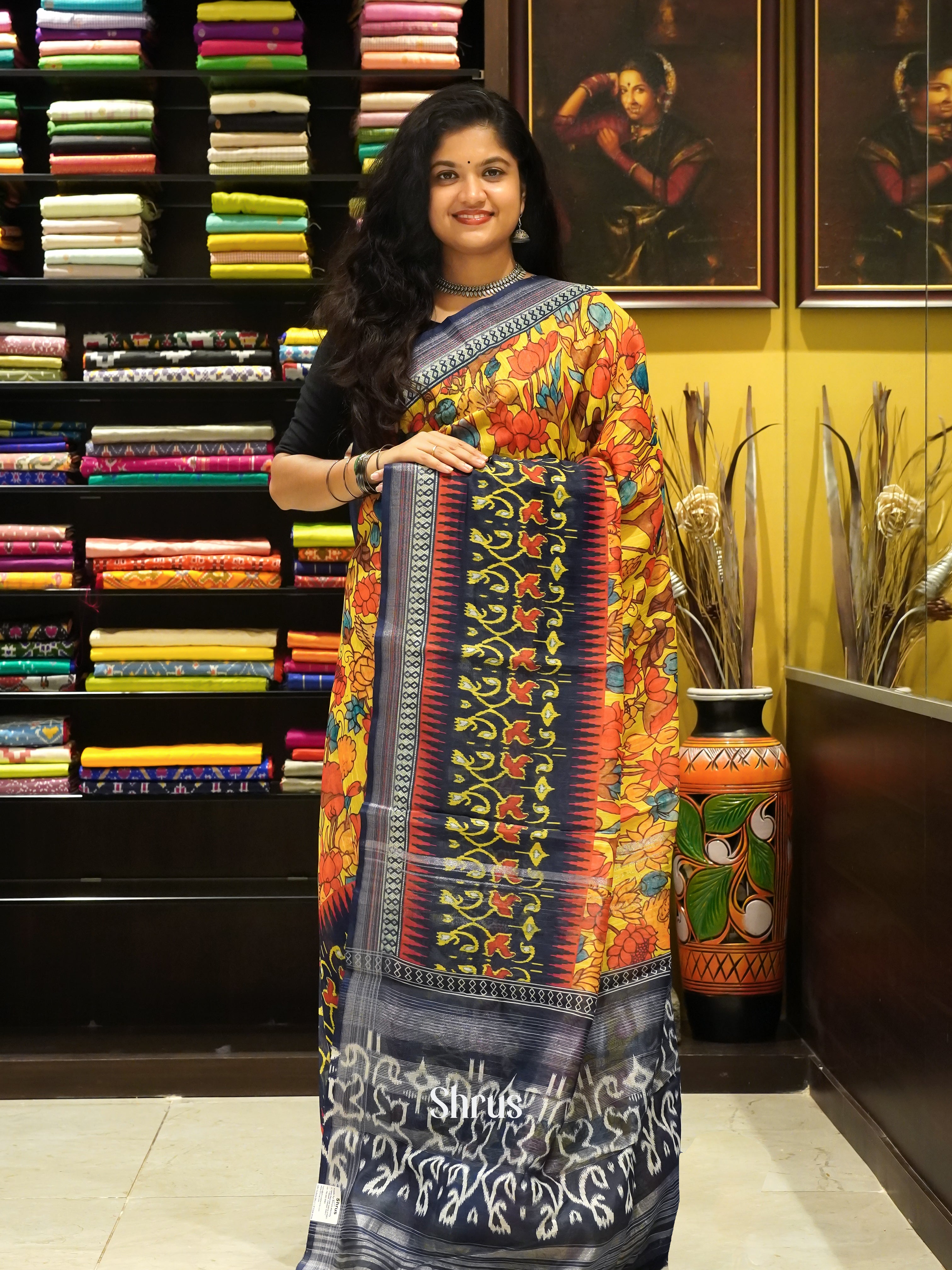 Yellow & Blue- Art Linen Saree - Shop on ShrusEternity.com