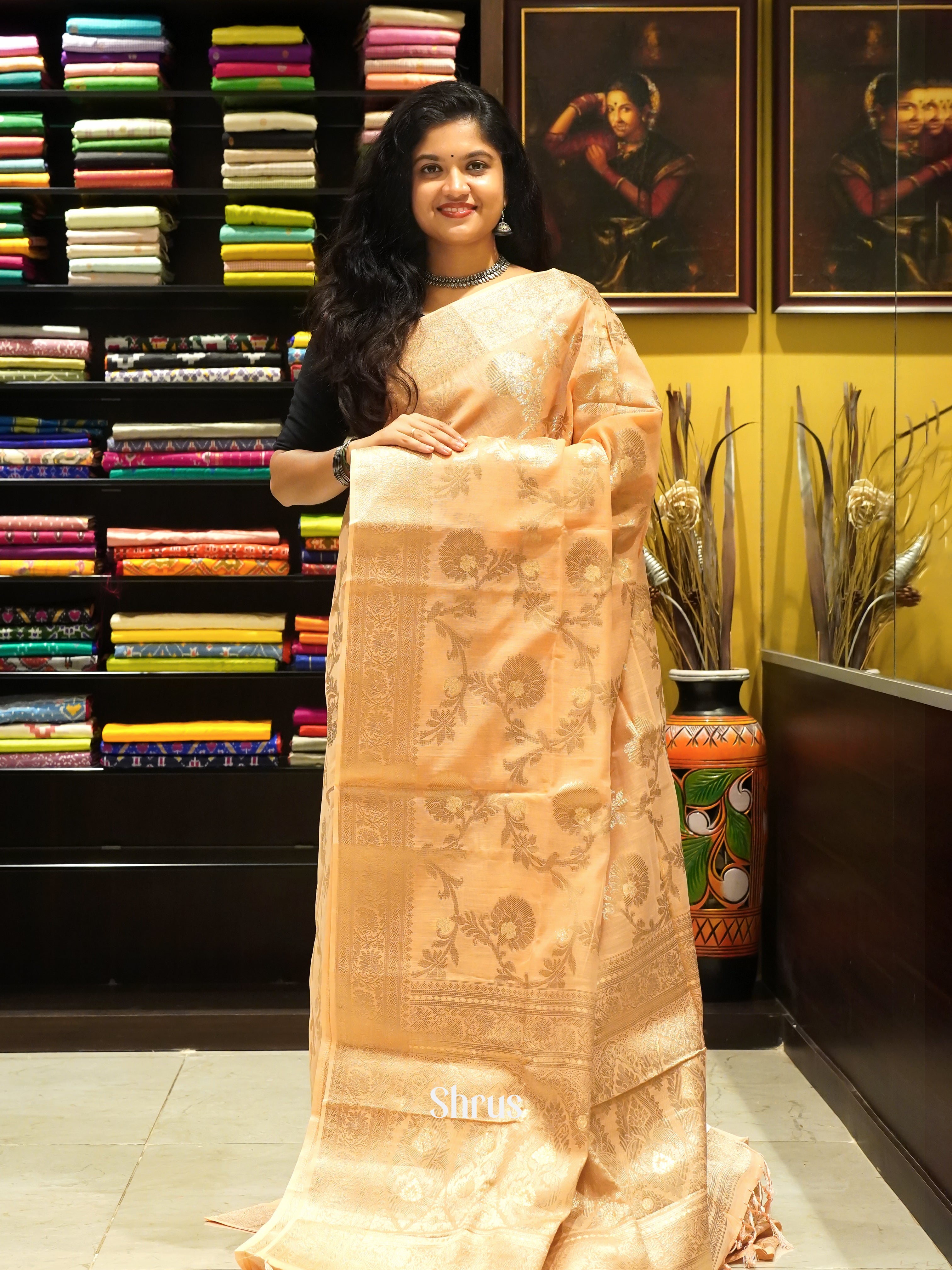 Peach(Single Tone)-Art Linen with zari woven floral brocade on the body &Zari Border - Shop on ShrusEternity.com