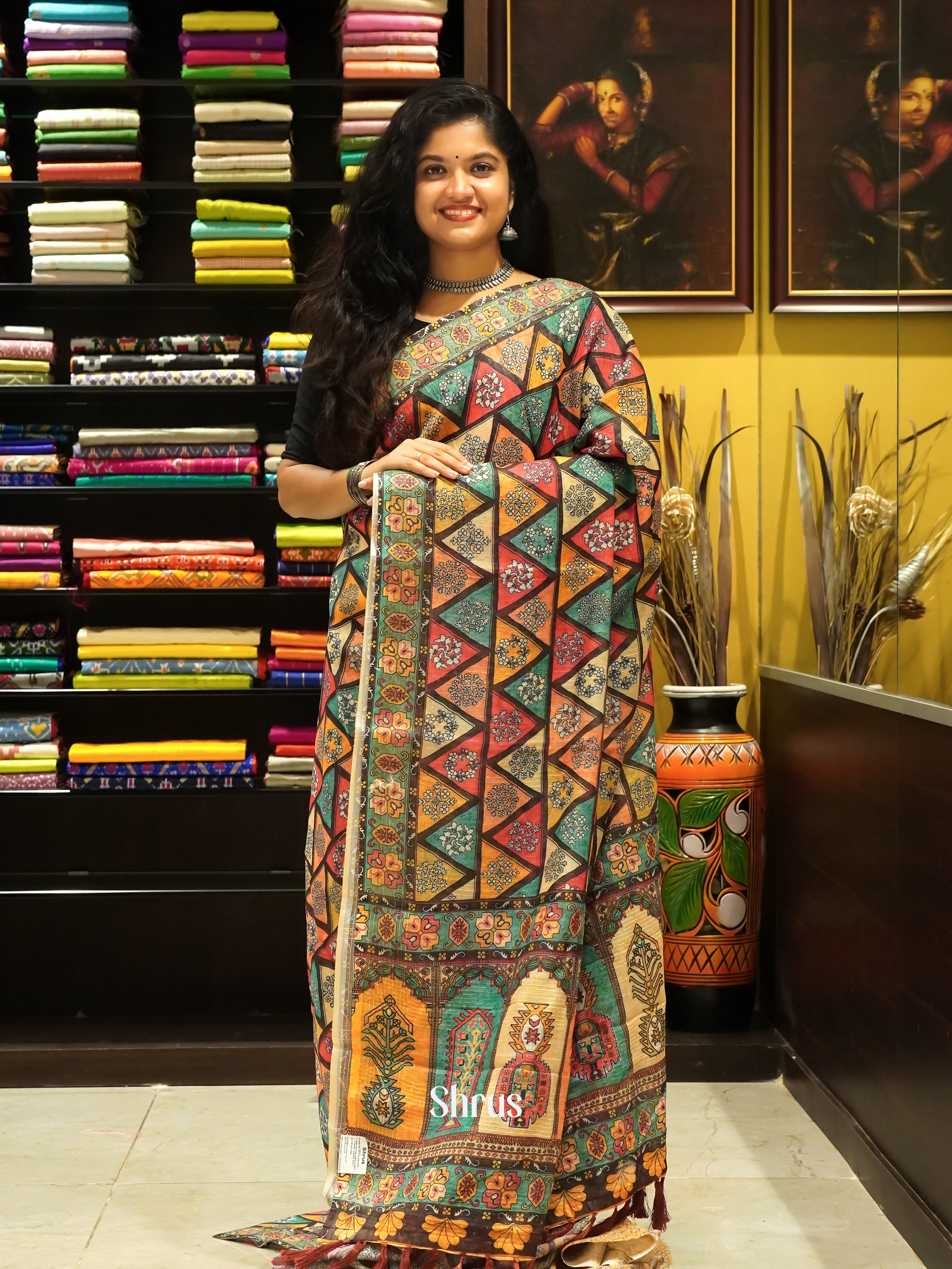 Yellow & Green- Art linen Saree - Shop on ShrusEternity.com