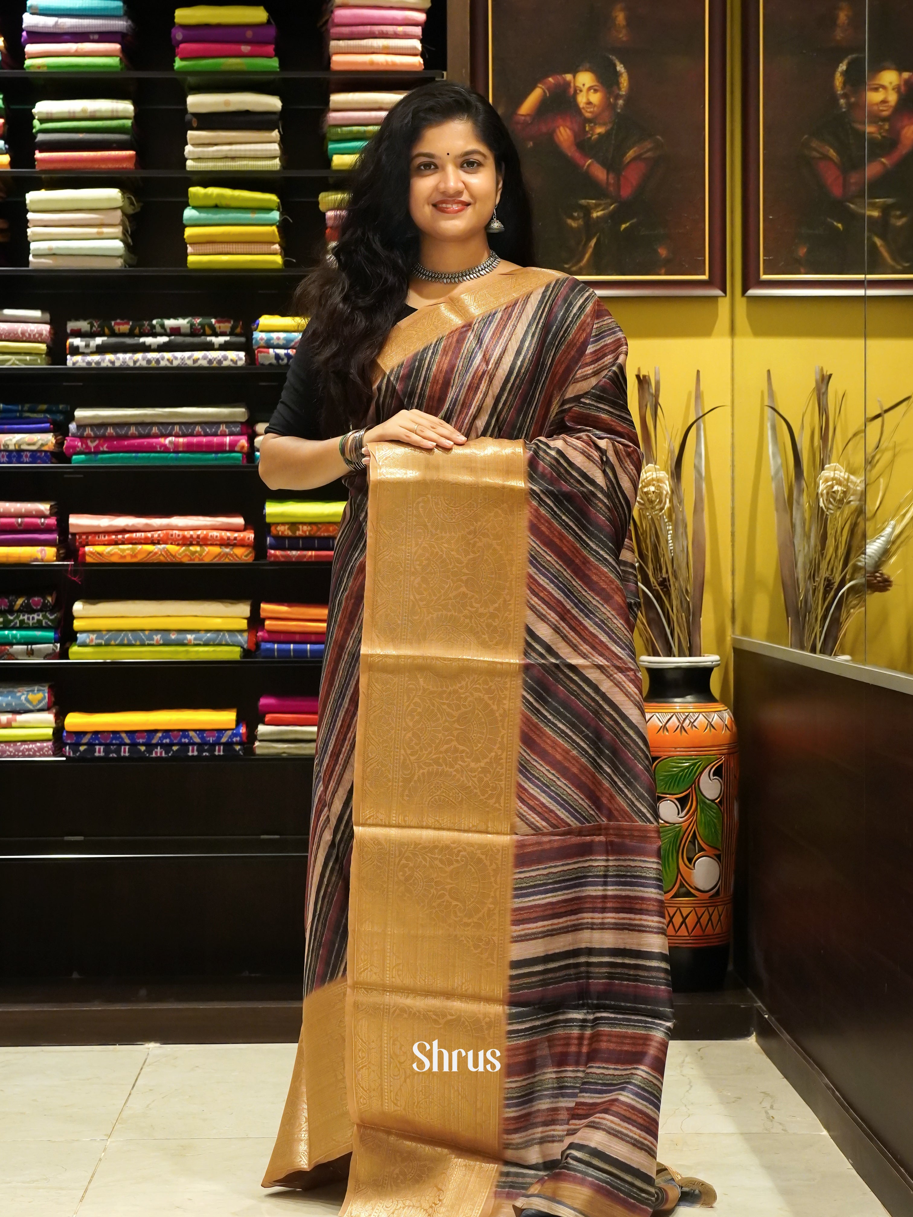 Maroon & Sandal- Art linen Saree - Shop on ShrusEternity.com