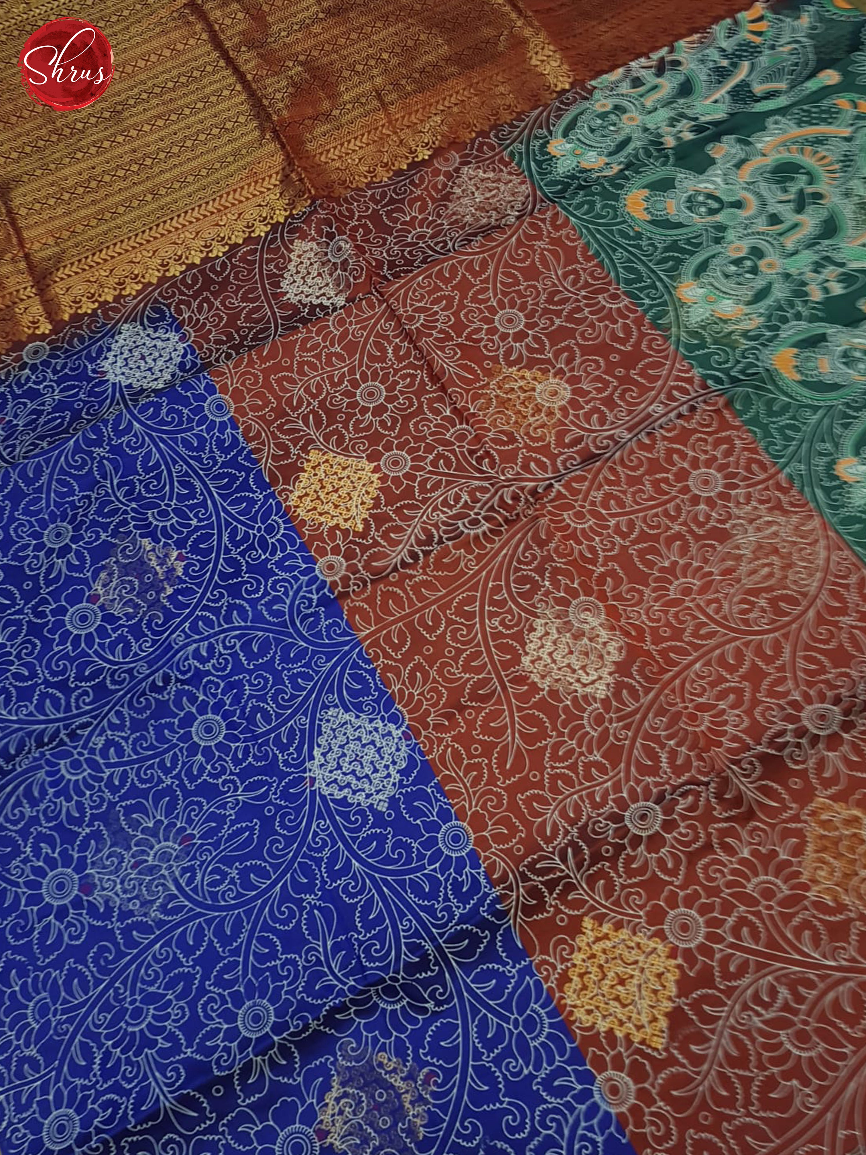 Green & , Blue & Maroon - Borderless Soft Silk with gold , Silver Zari kolam motifs on the Body - Shop on ShrusEternity.com