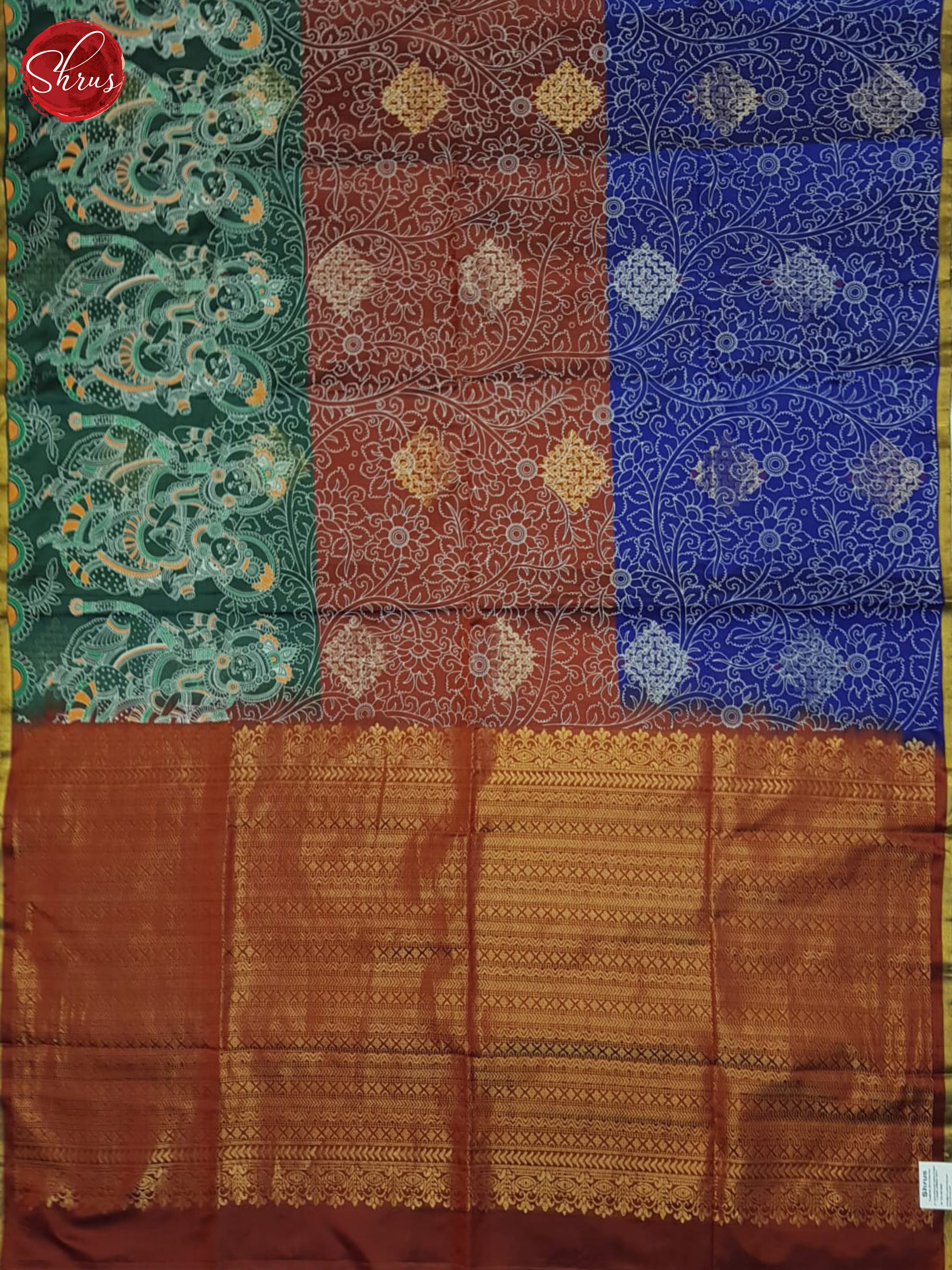 Green & , Blue & Maroon - Borderless Soft Silk with gold , Silver Zari kolam motifs on the Body - Shop on ShrusEternity.com