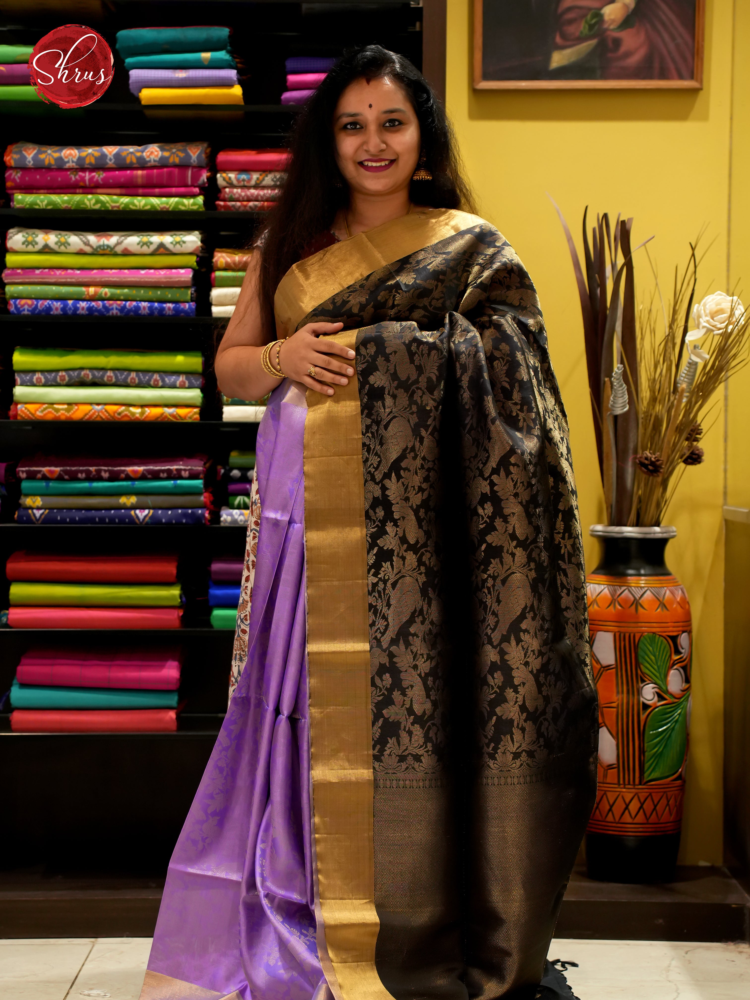 Dark Blue & Lavender - Soft Silk Saree with Zari woven floral nestling brocade on the body& Zari Border - Shop on ShrusEternity.com