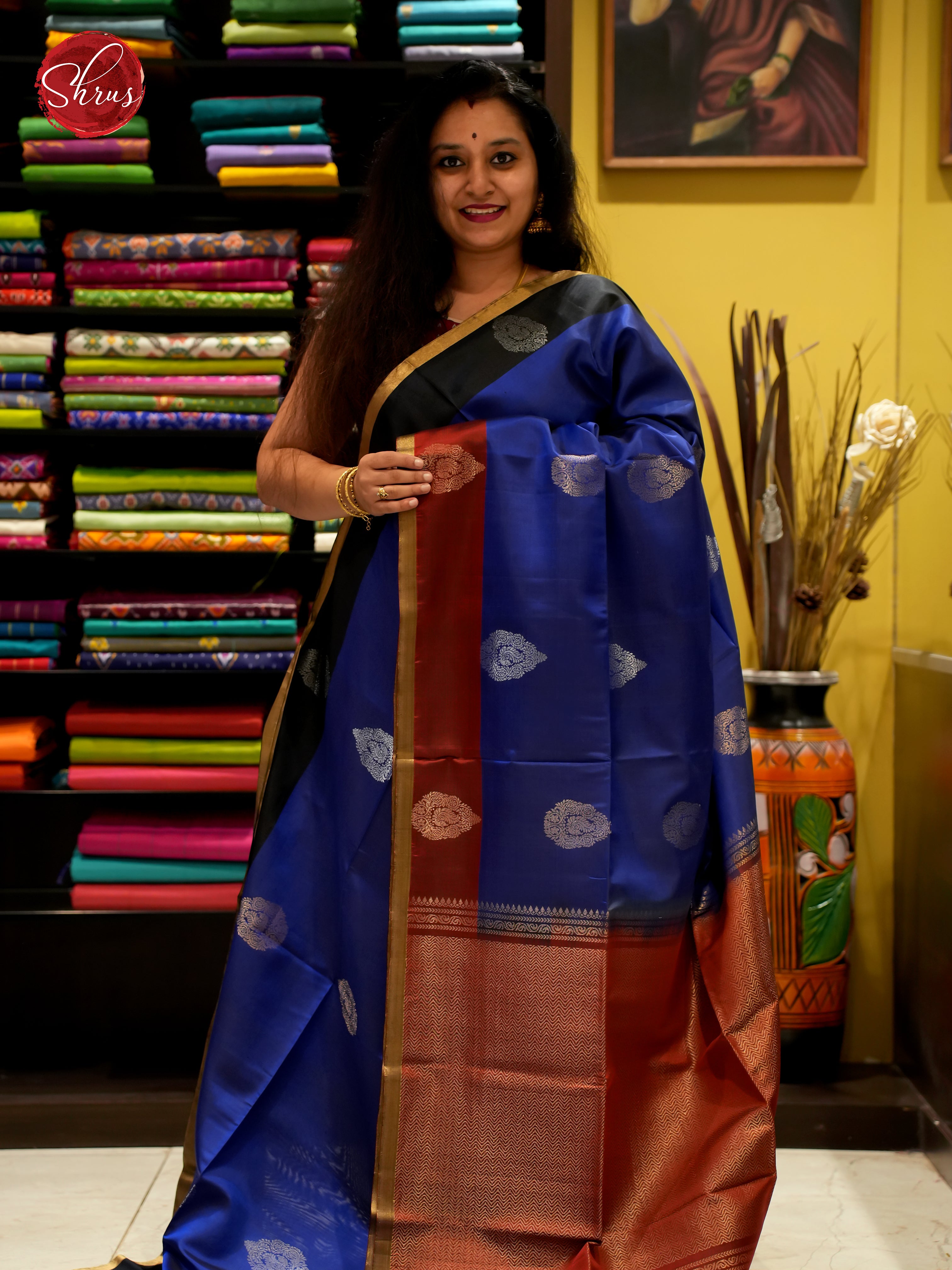 Blue & Red - Soft Silk Saree with zari woven floral motifs on the body & Contrast Border - Shop on ShrusEternity.com
