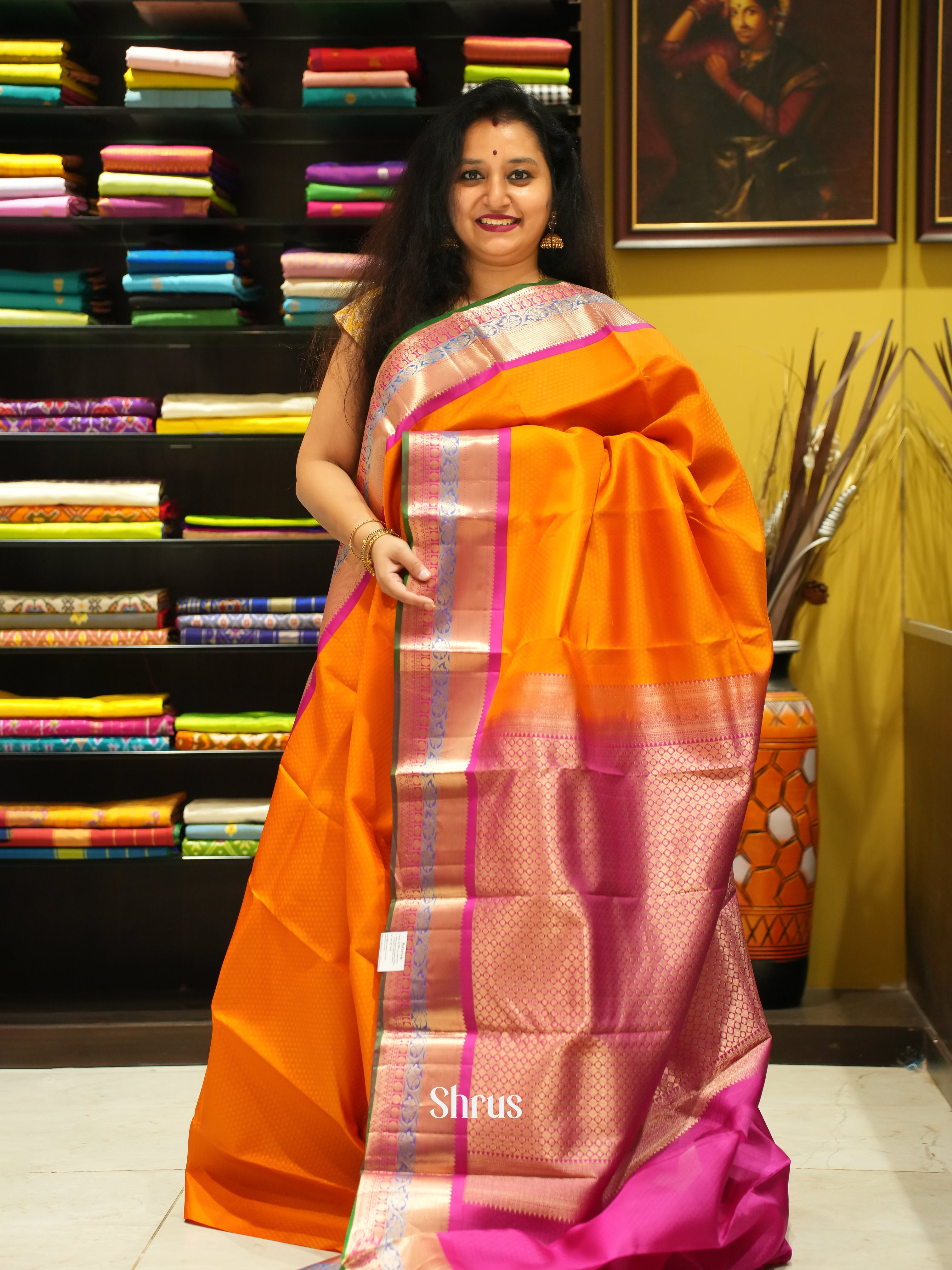 Orange - Korvai Kanchipuram Silk saree - Shop on ShrusEternity.com