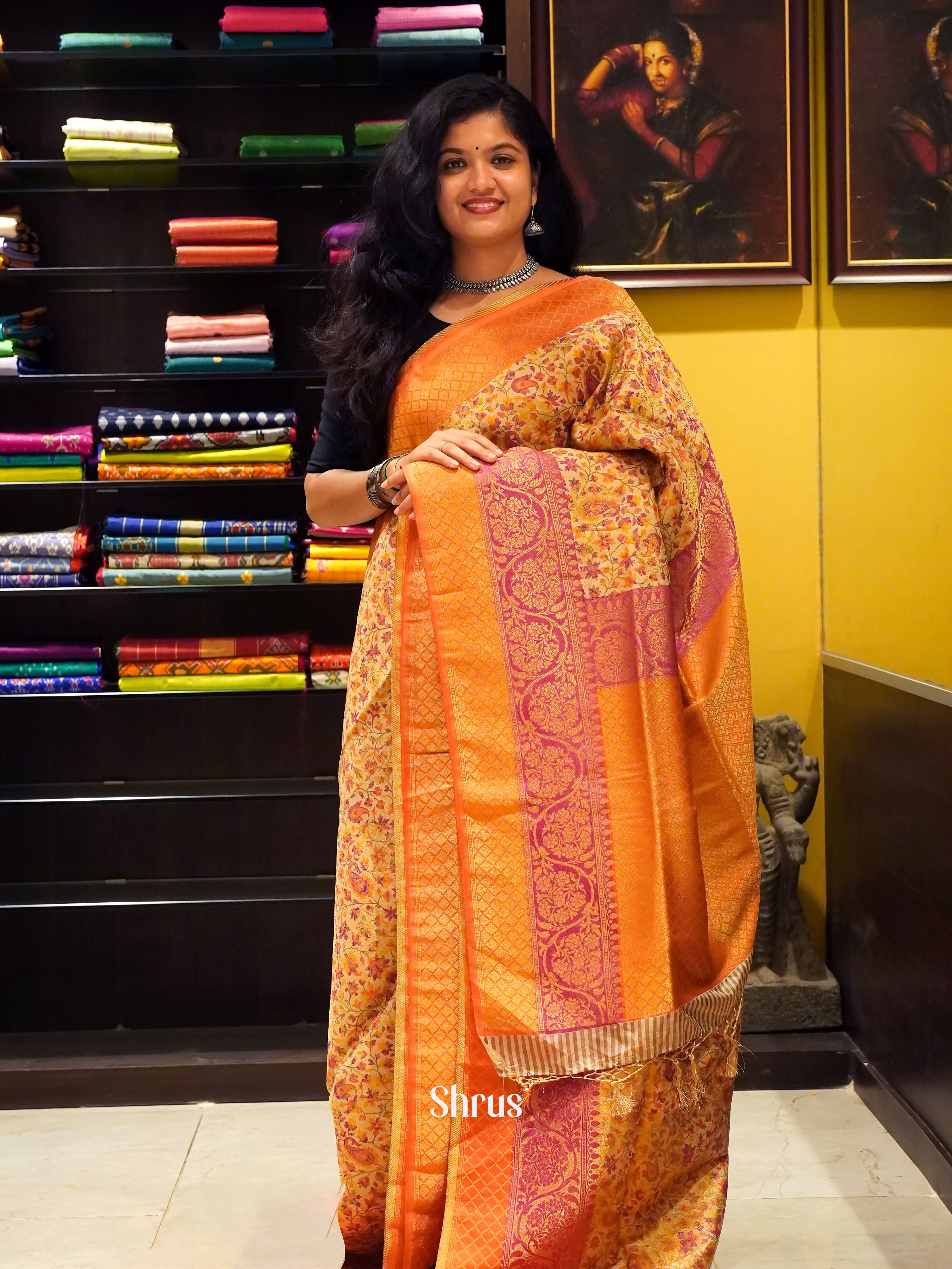 Sandal & Orange - Semi Georgette with floral print on the body & contrast Zari Border - Shop on ShrusEternity.com