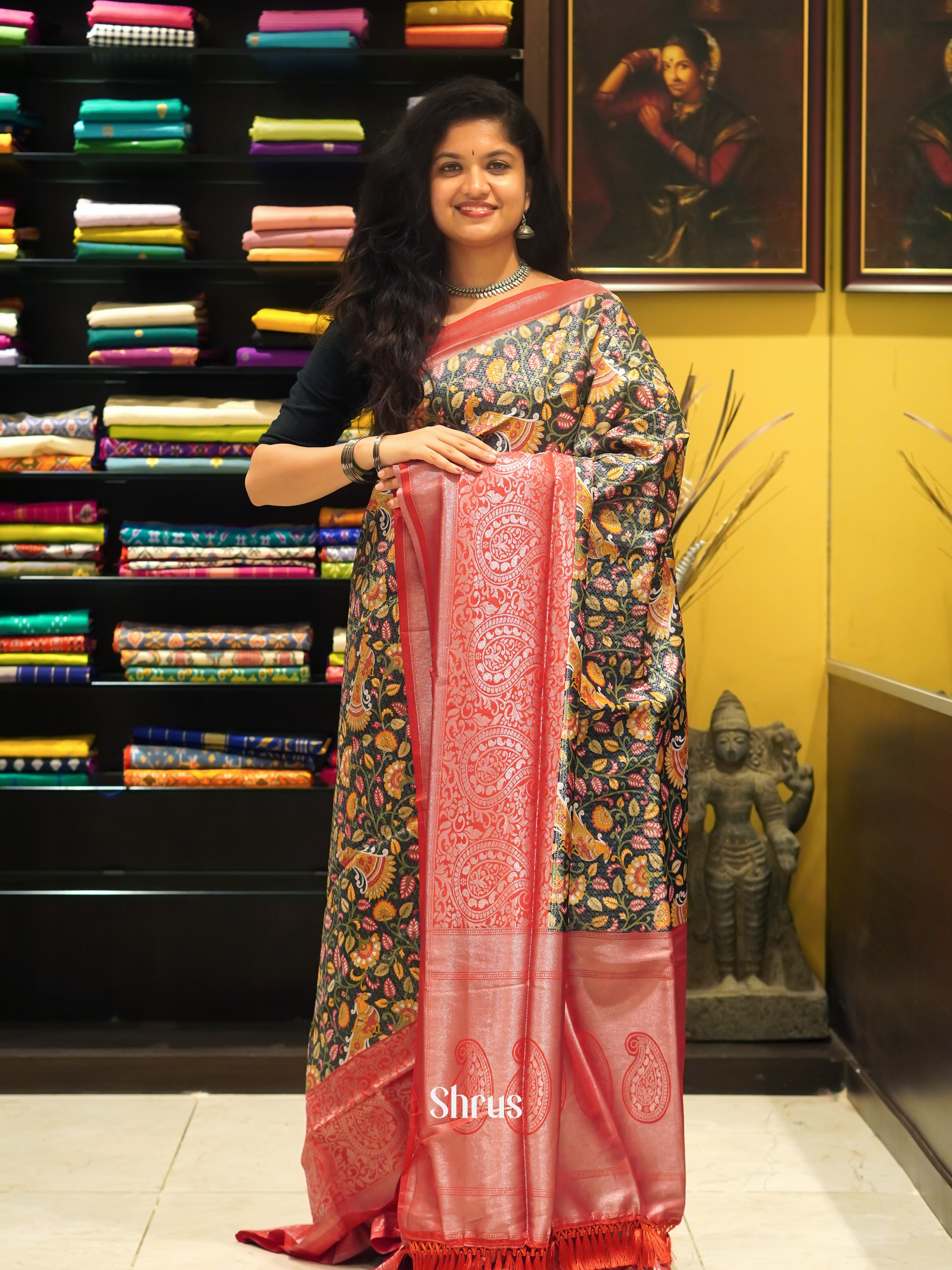 Black & Red - Semi Georgette with floral print on the body & Contrast Zari Border - Shop on ShrusEternity.com