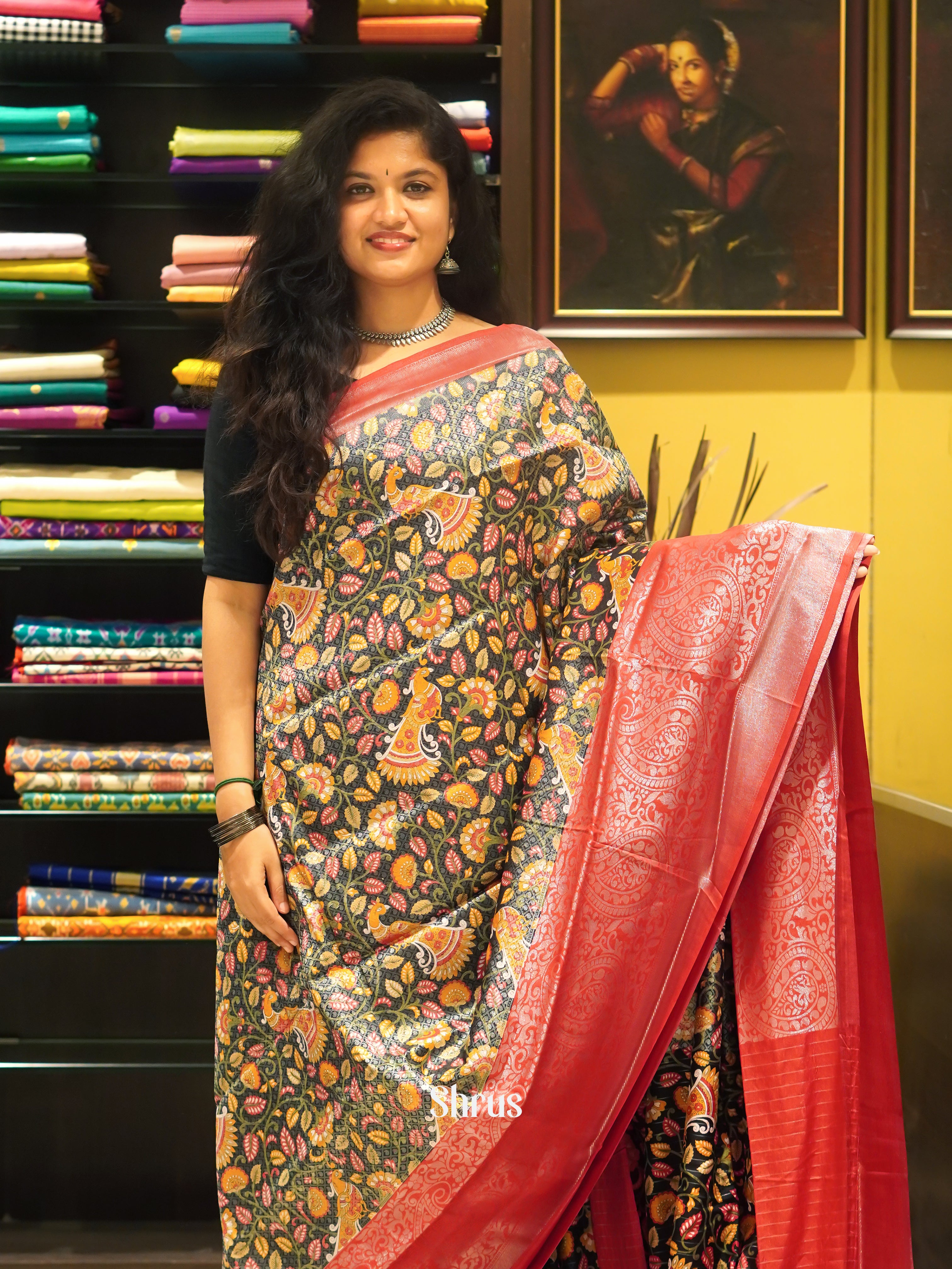 Black & Red - Semi Georgette with floral print on the body & Contrast Zari Border - Shop on ShrusEternity.com