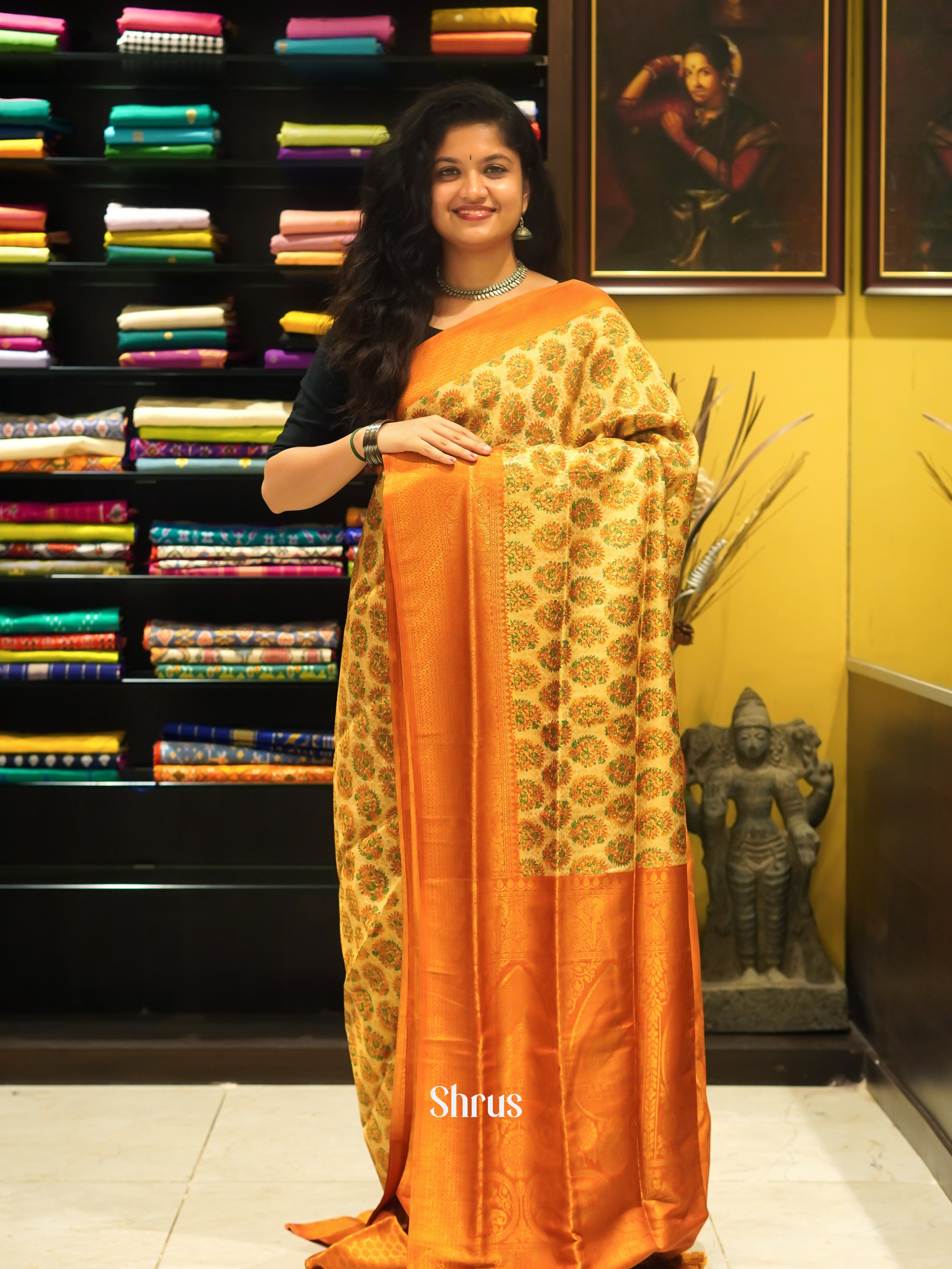 Sandal & Orange - Semi Georgette with floral print on the body & Contrast Zari Border - Shop on ShrusEternity.com