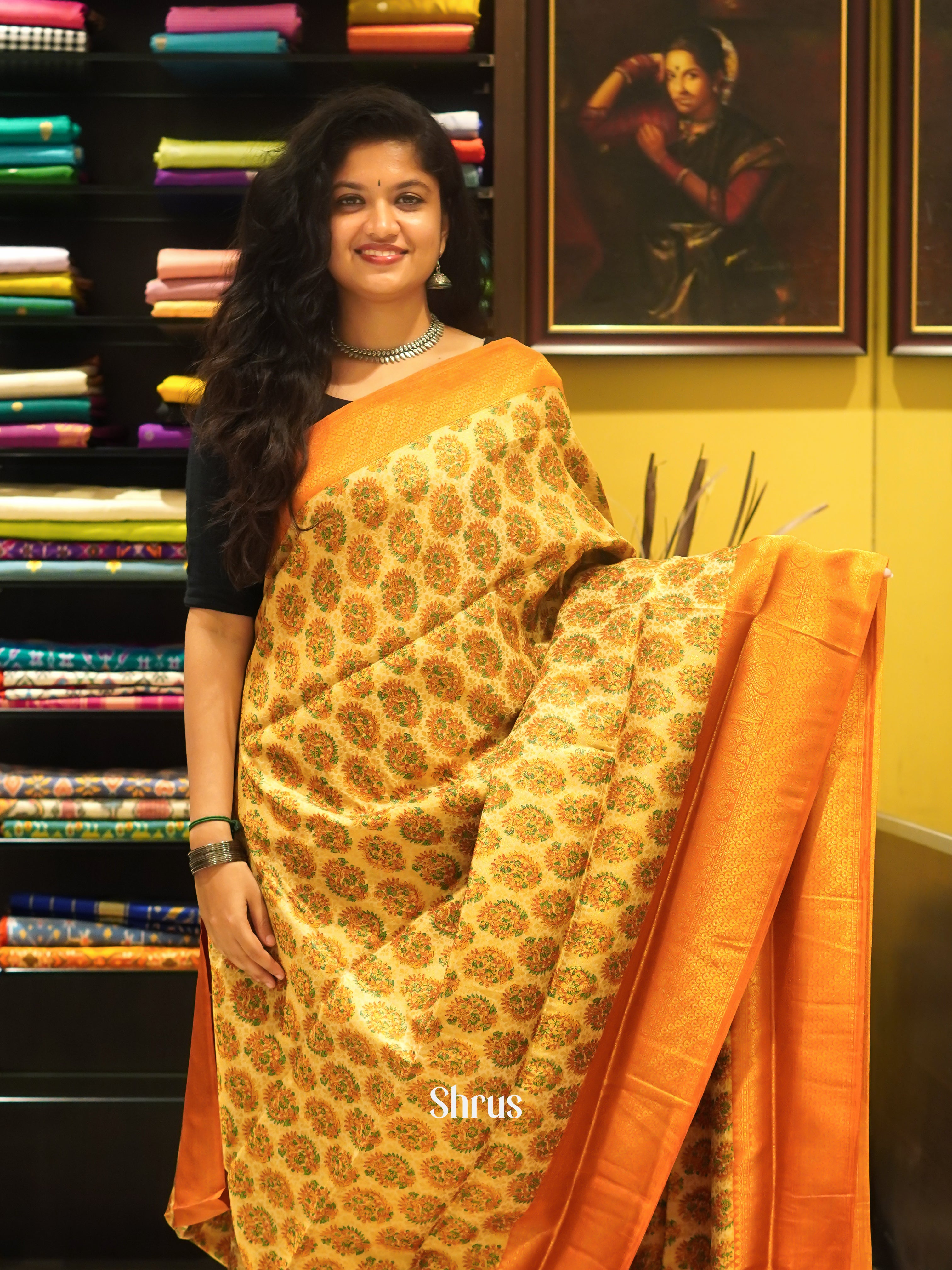 Sandal & Orange - Semi Georgette with floral print on the body & Contrast Zari Border - Shop on ShrusEternity.com