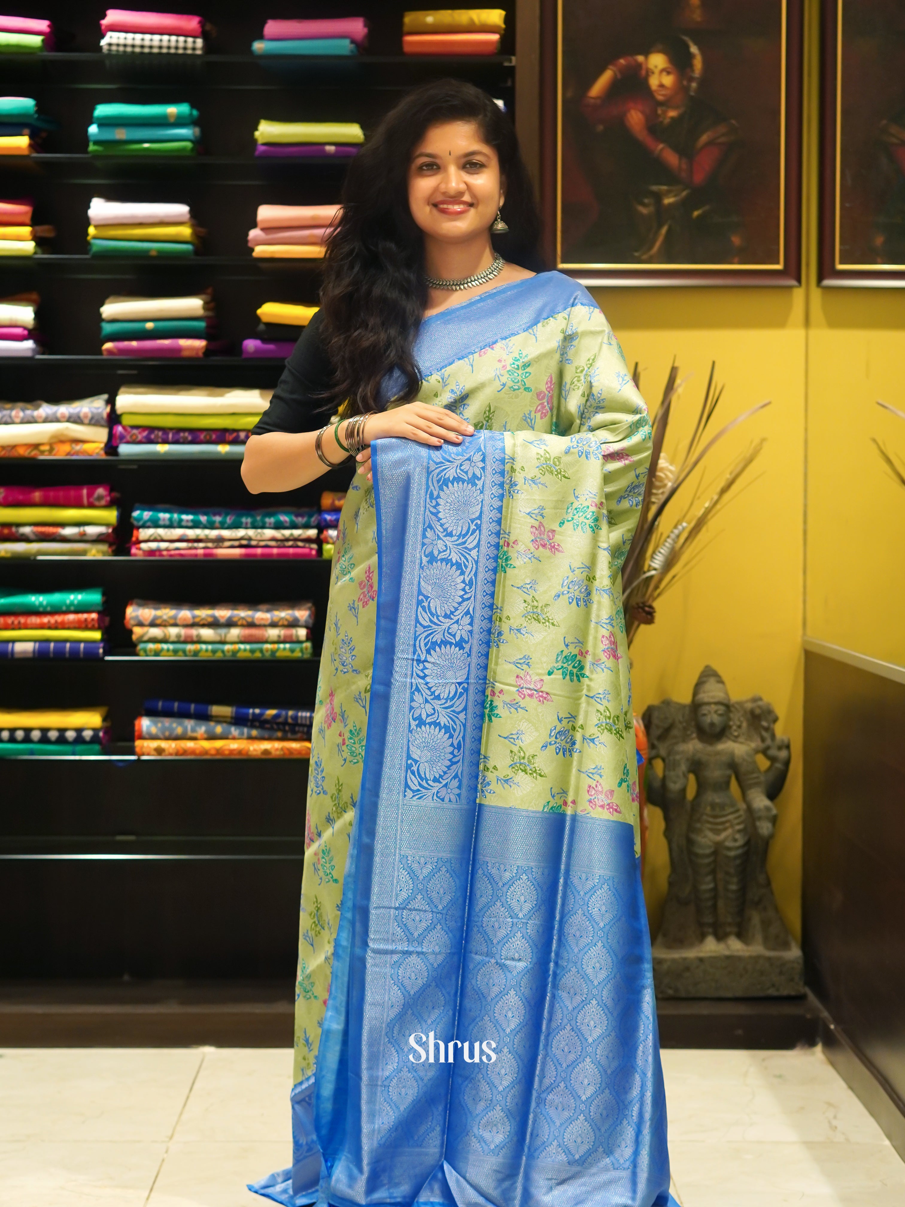 Green & Blu e- Semi Georgette with floral print on the body & Contrast Zari Border - Shop on ShrusEternity.com