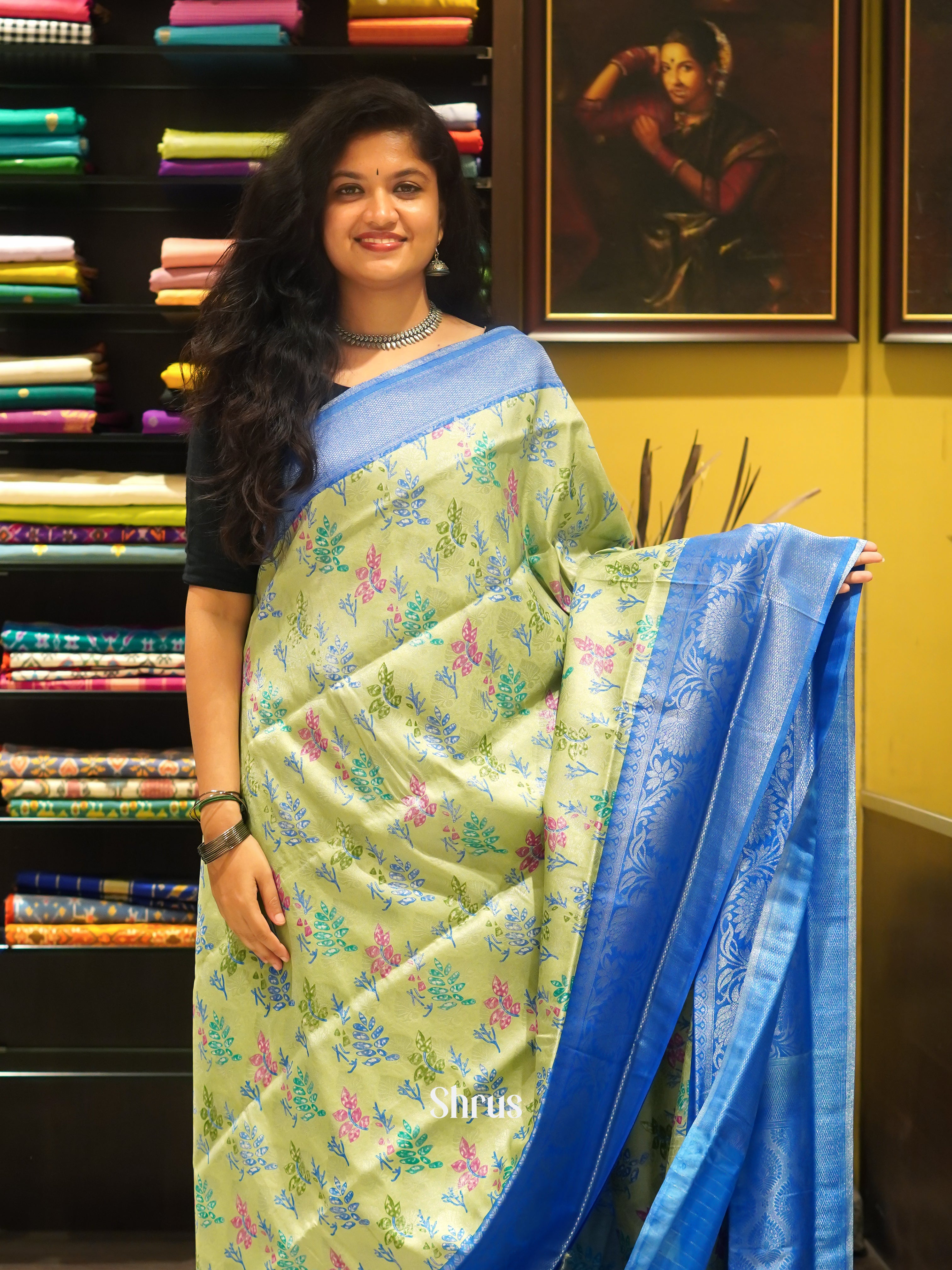 Green & Blu e- Semi Georgette with floral print on the body & Contrast Zari Border - Shop on ShrusEternity.com