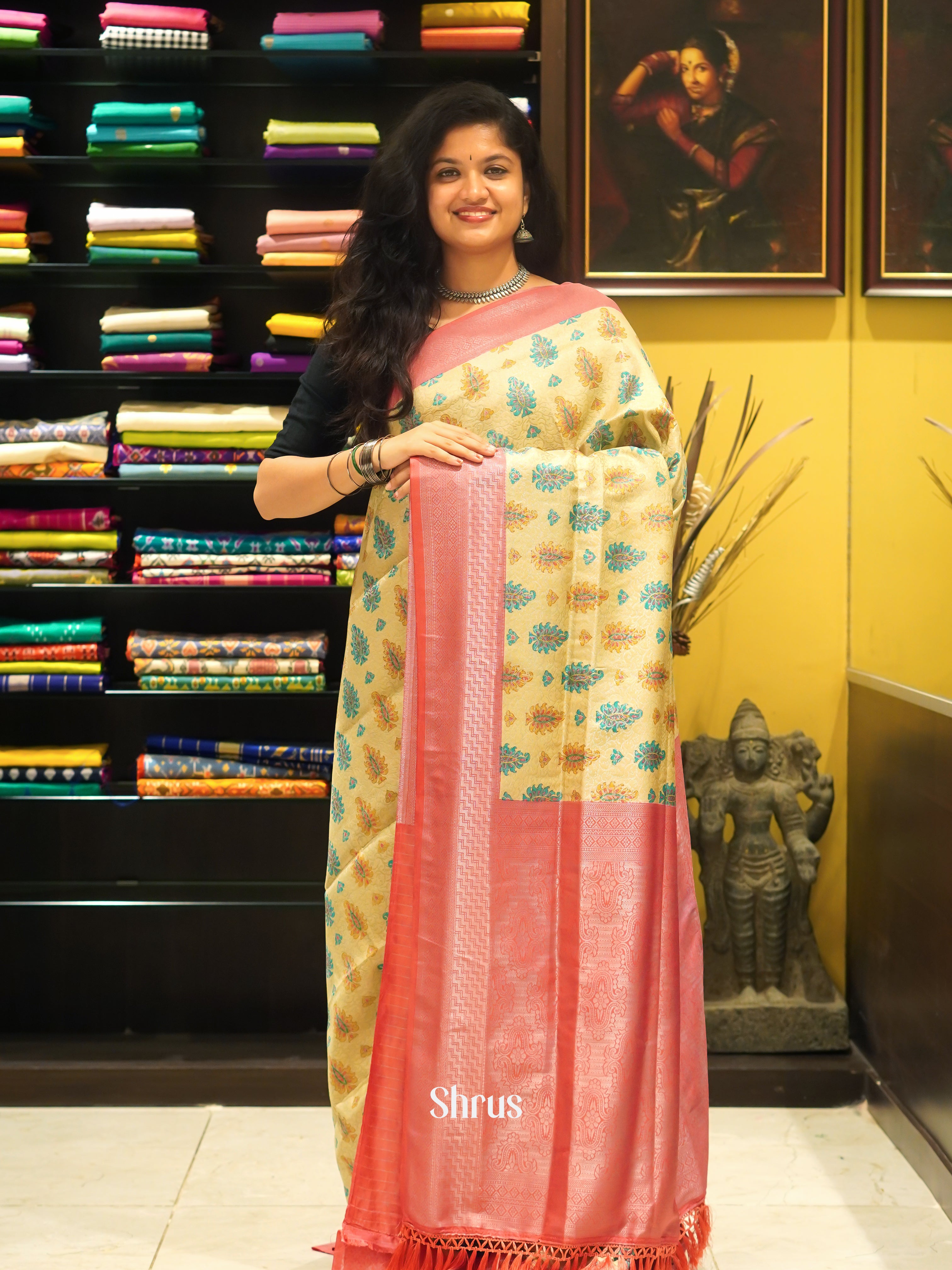 Yellow & Pink- Semi Georgette with floral print on the body &Contrast Zari Border - Shop on ShrusEternity.com
