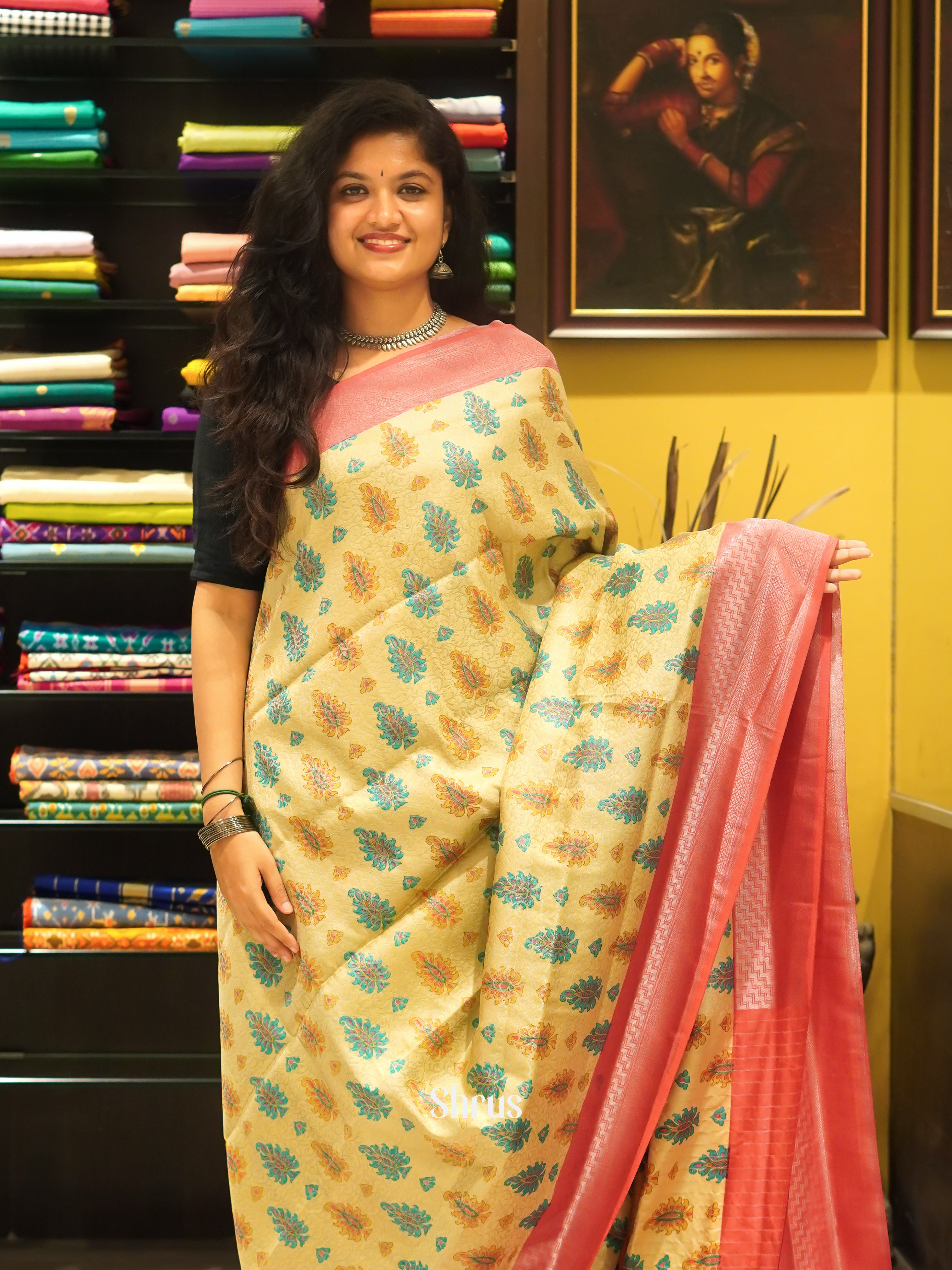 Yellow & Pink- Semi Georgette with floral print on the body &Contrast Zari Border - Shop on ShrusEternity.com