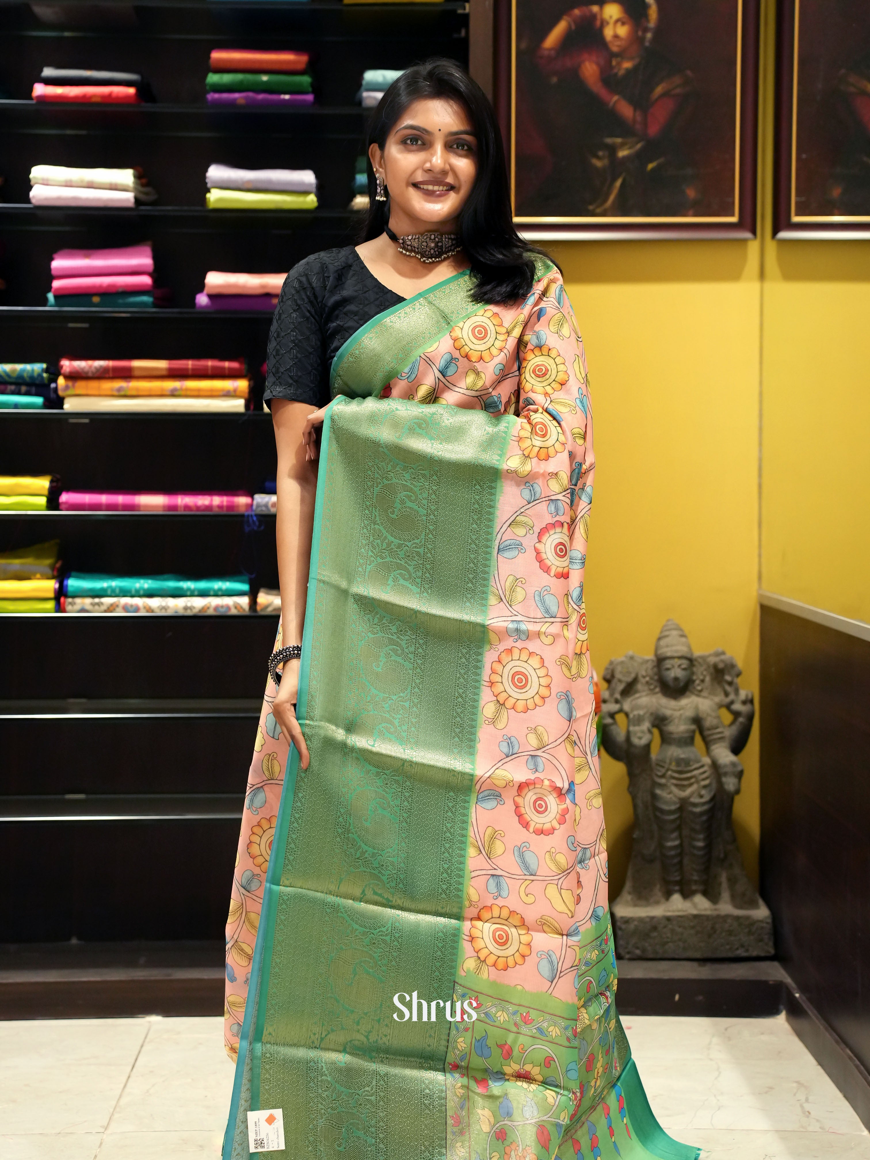 Peach and Green - Semi Chanderi with floral print on the body and zari border - Shop on ShrusEternity.com