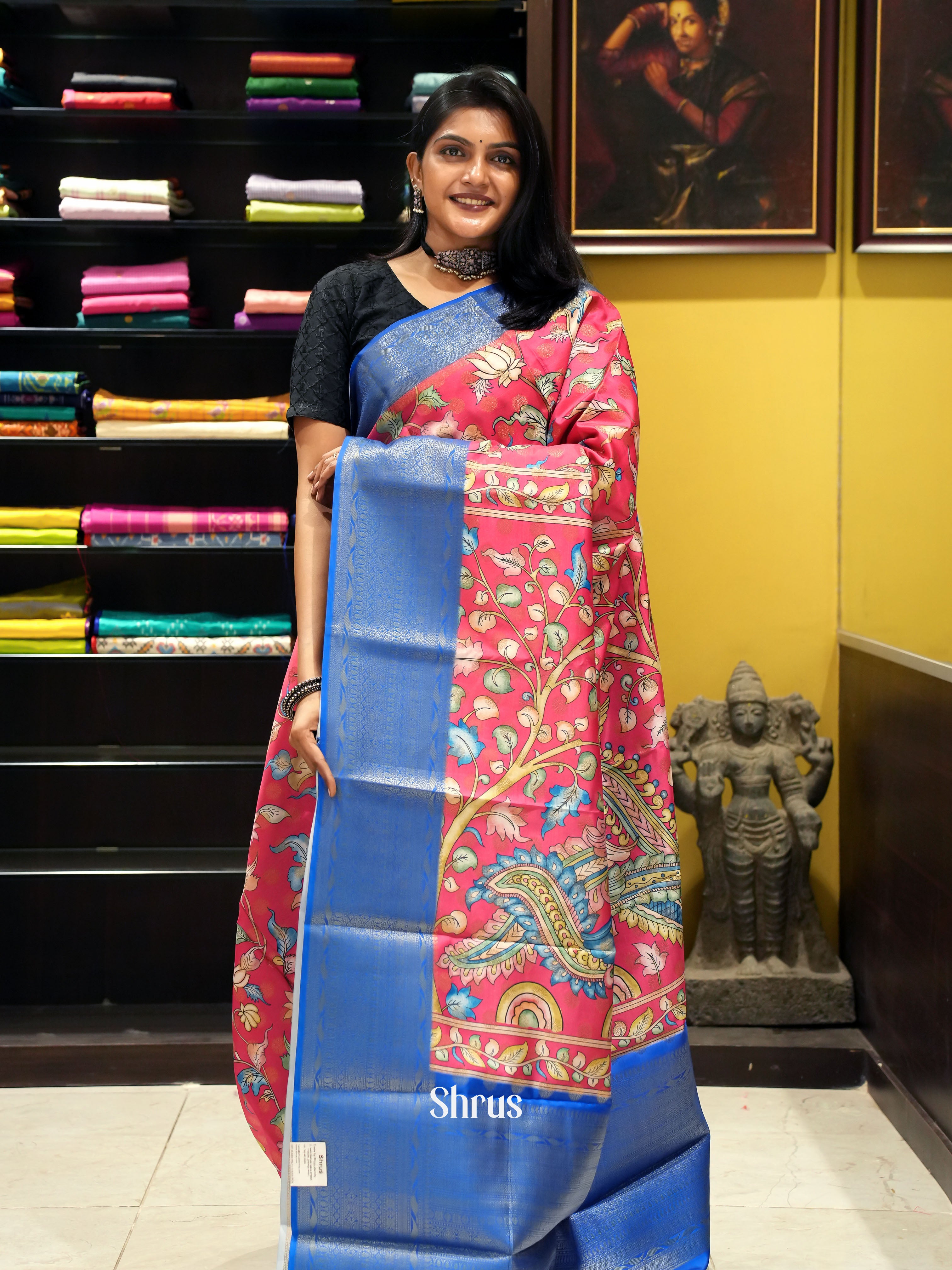 Pink & Blue - Semi Dupion Saree - Shop on ShrusEternity.com
