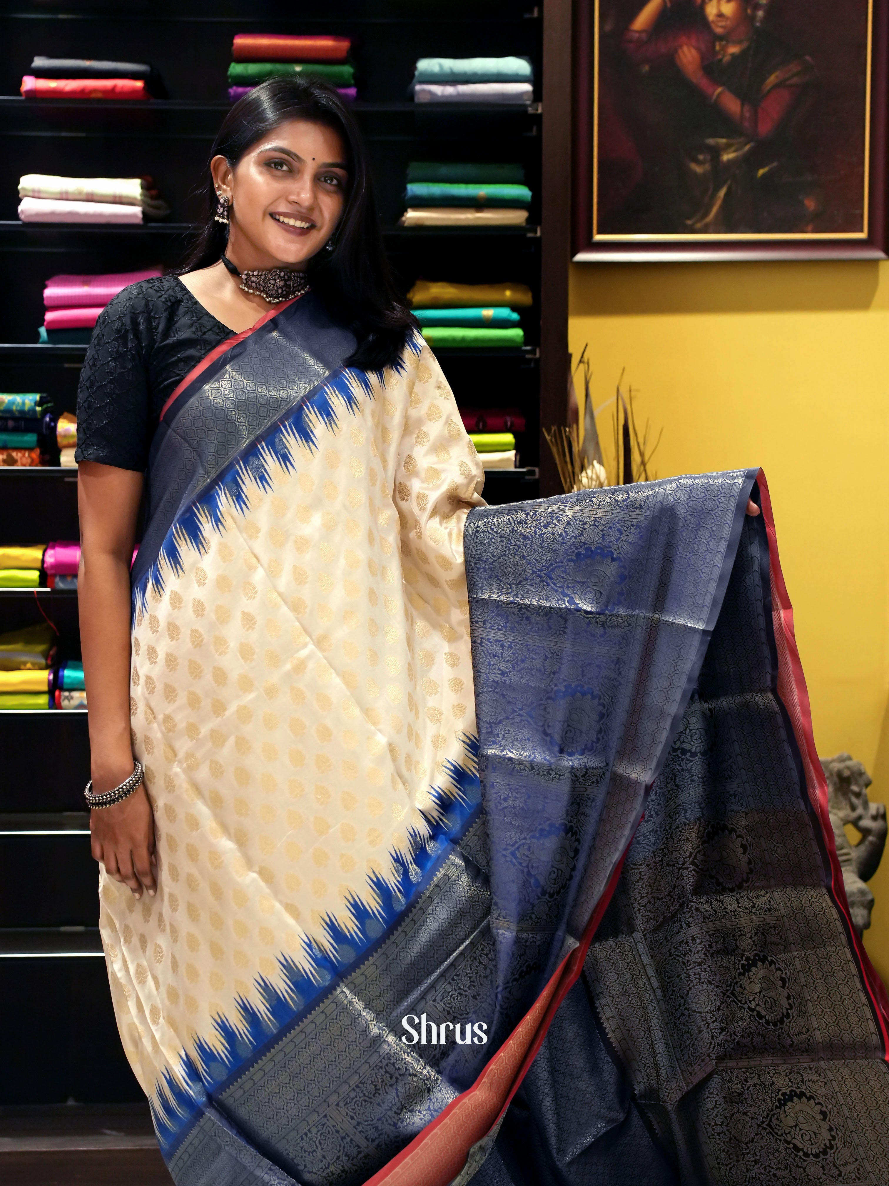Cream & Blue - Semi Dupion Saree - Shop on ShrusEternity.com
