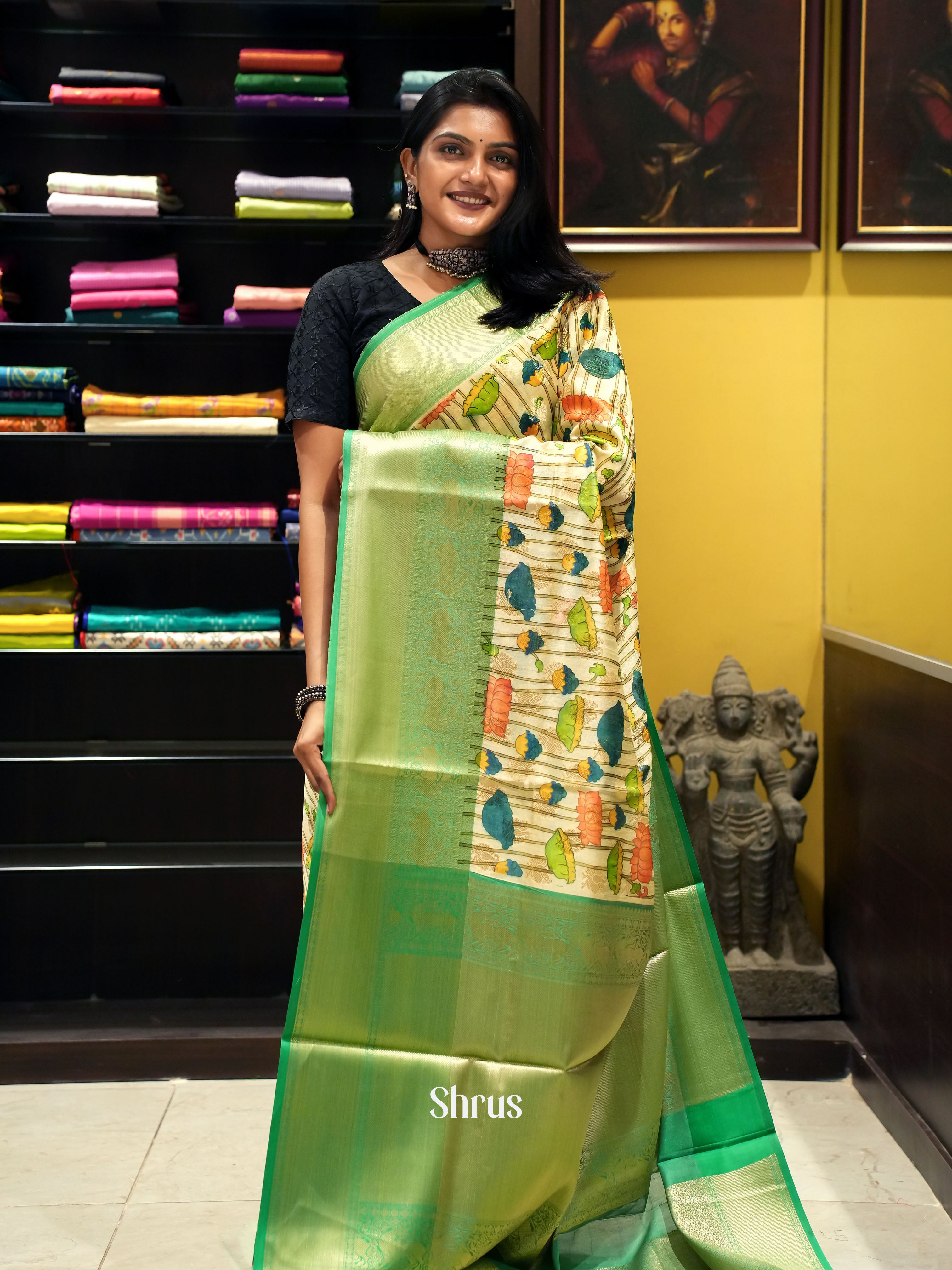 Cream & Green-Semi Dupion with floral print on the body and contrast zari border - Shop on ShrusEternity.com