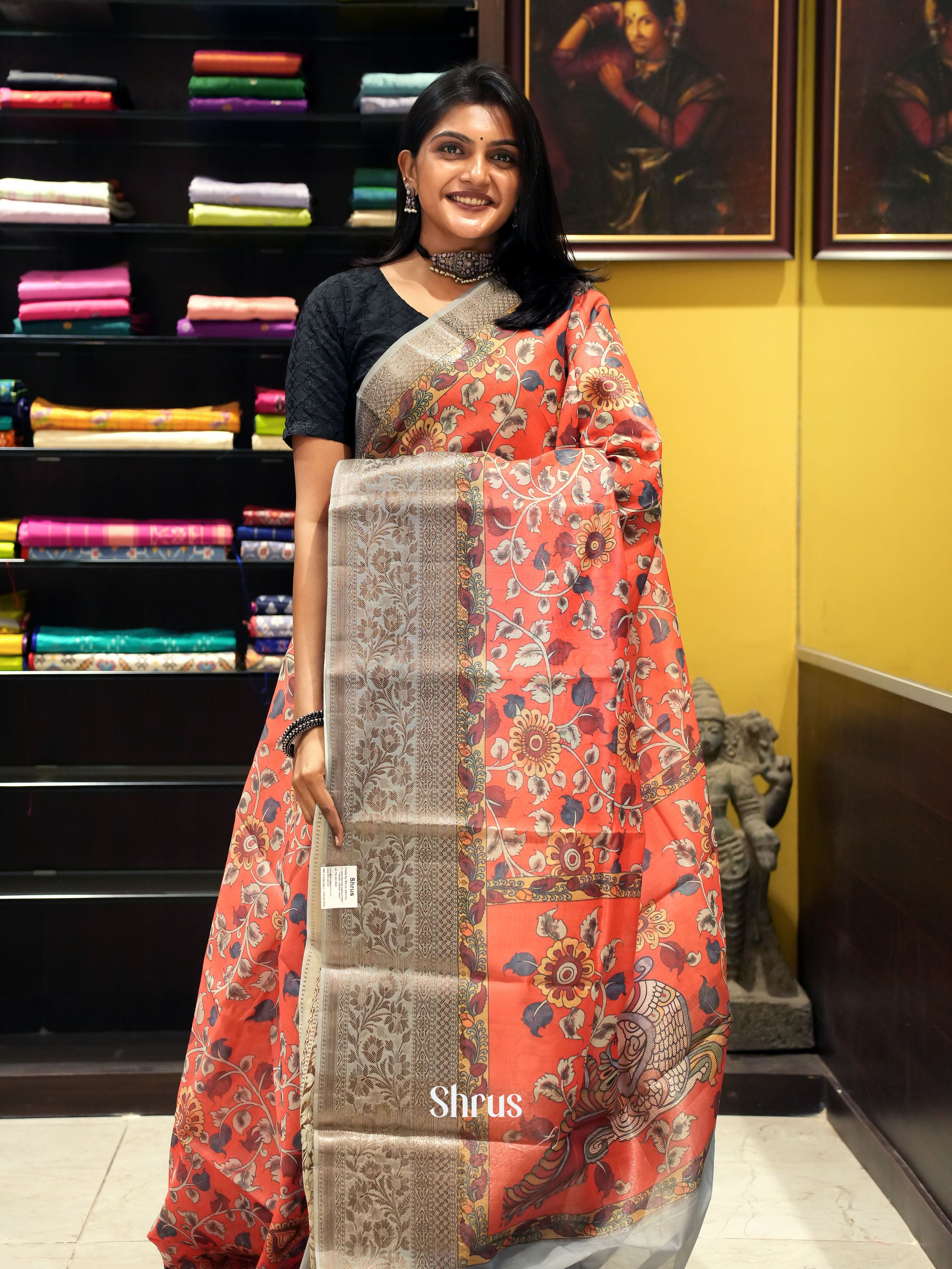 Orangish Pink & Grey - Semi Chanderi with floral print on the body & Zari Border - Shop on ShrusEternity.com