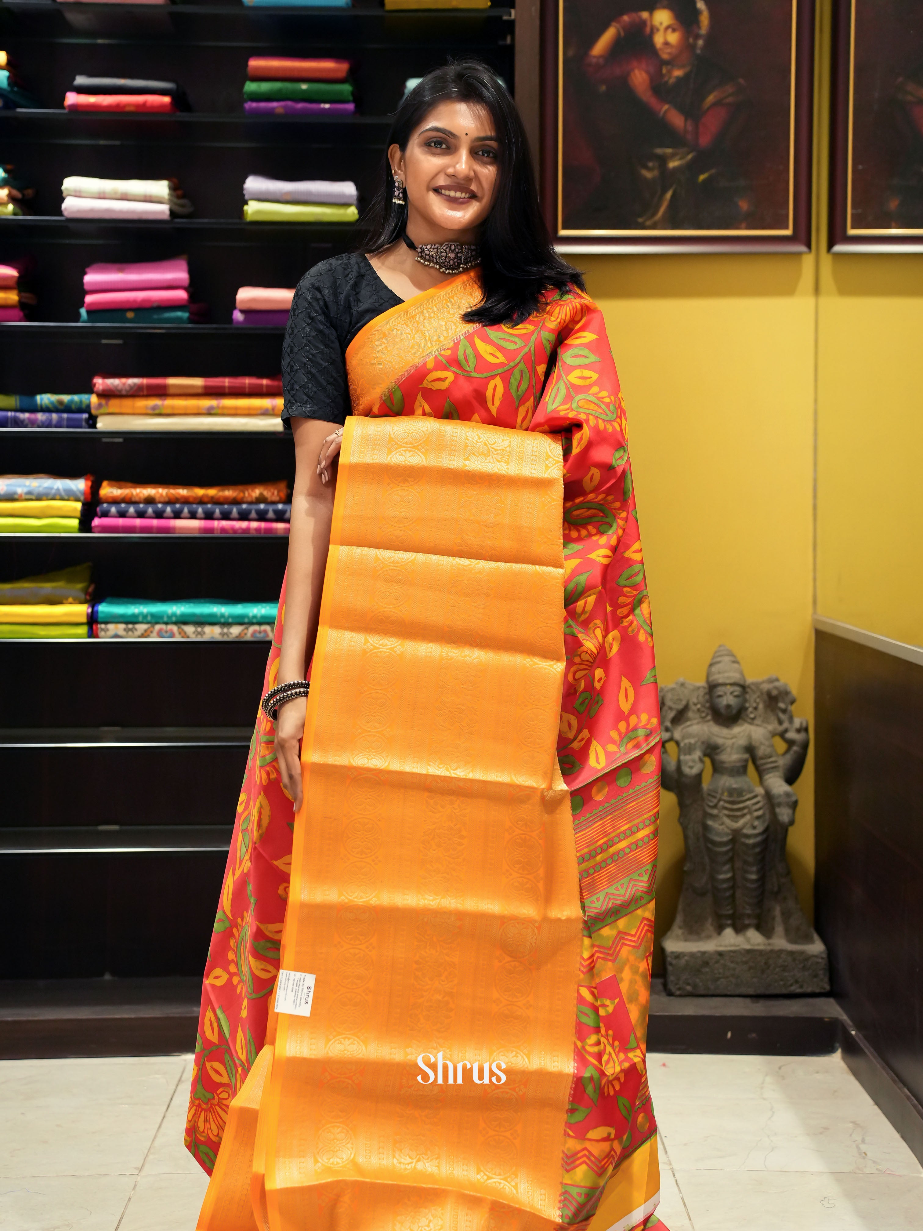 Red & Orange - Semi Dupion Saree - Shop on ShrusEternity.com