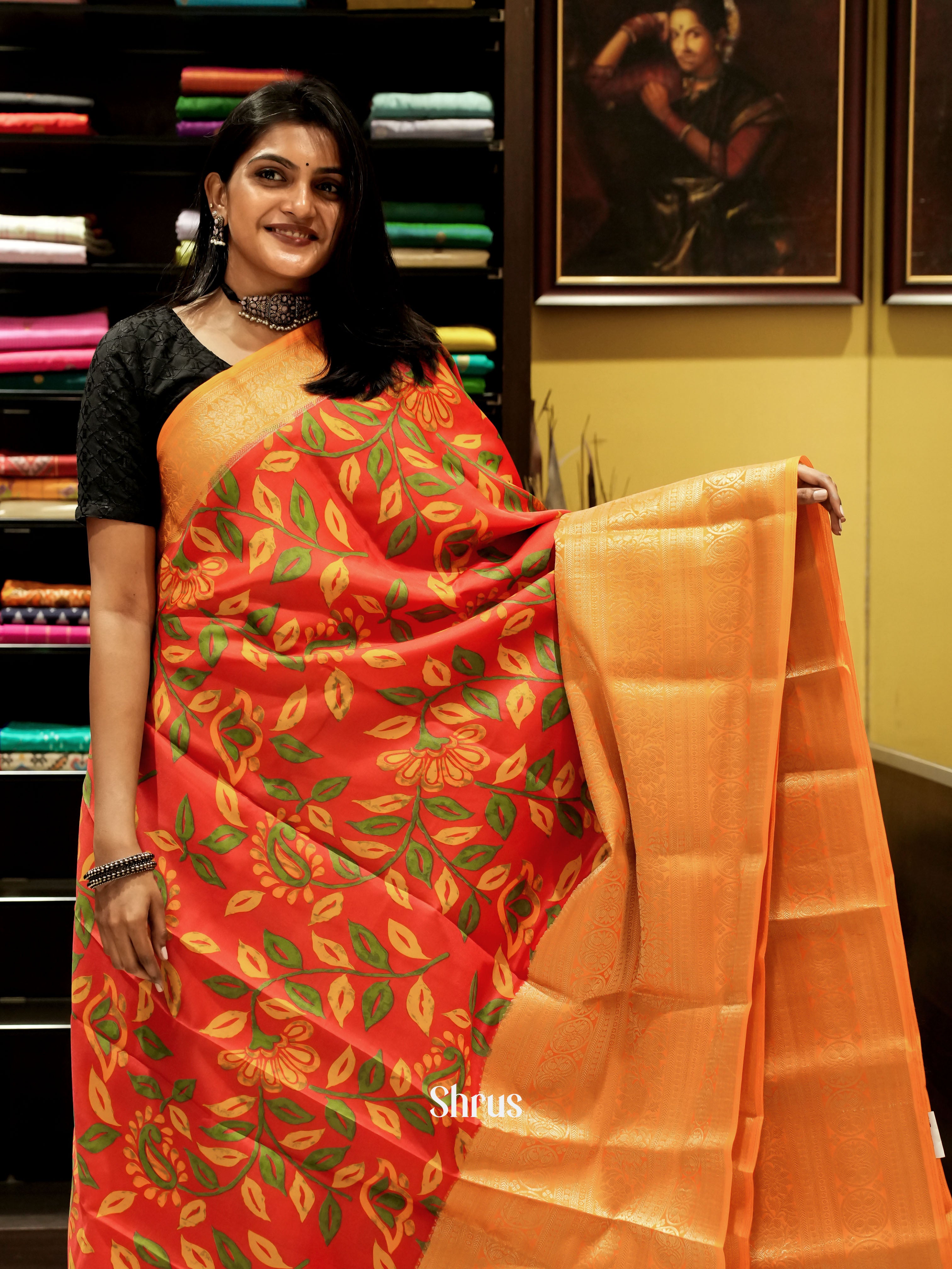Red & Orange - Semi Dupion Saree - Shop on ShrusEternity.com