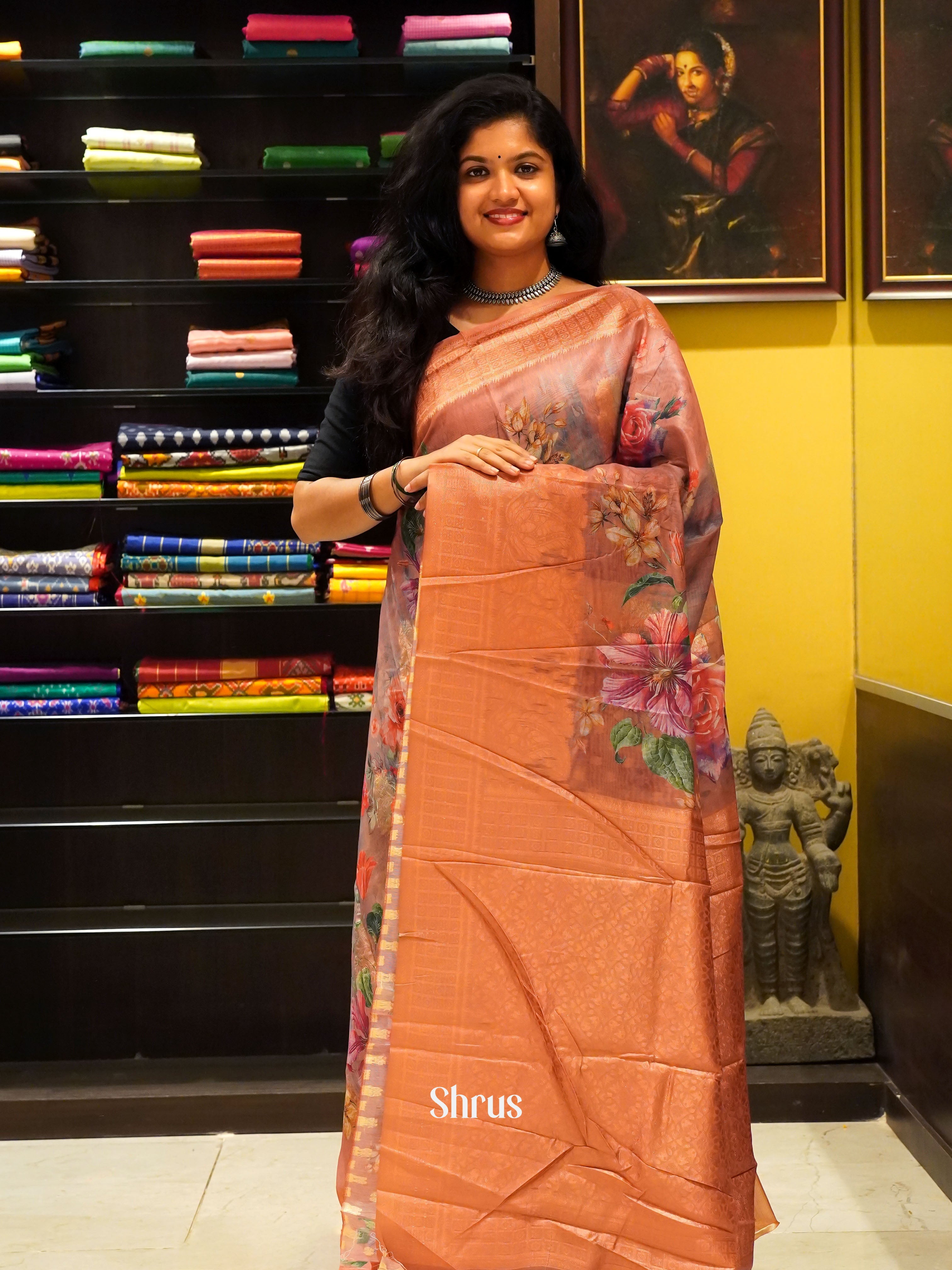 Multicolor & Brick -Semi Jute with digital floral print on the body & Zari Border - Shop on ShrusEternity.com