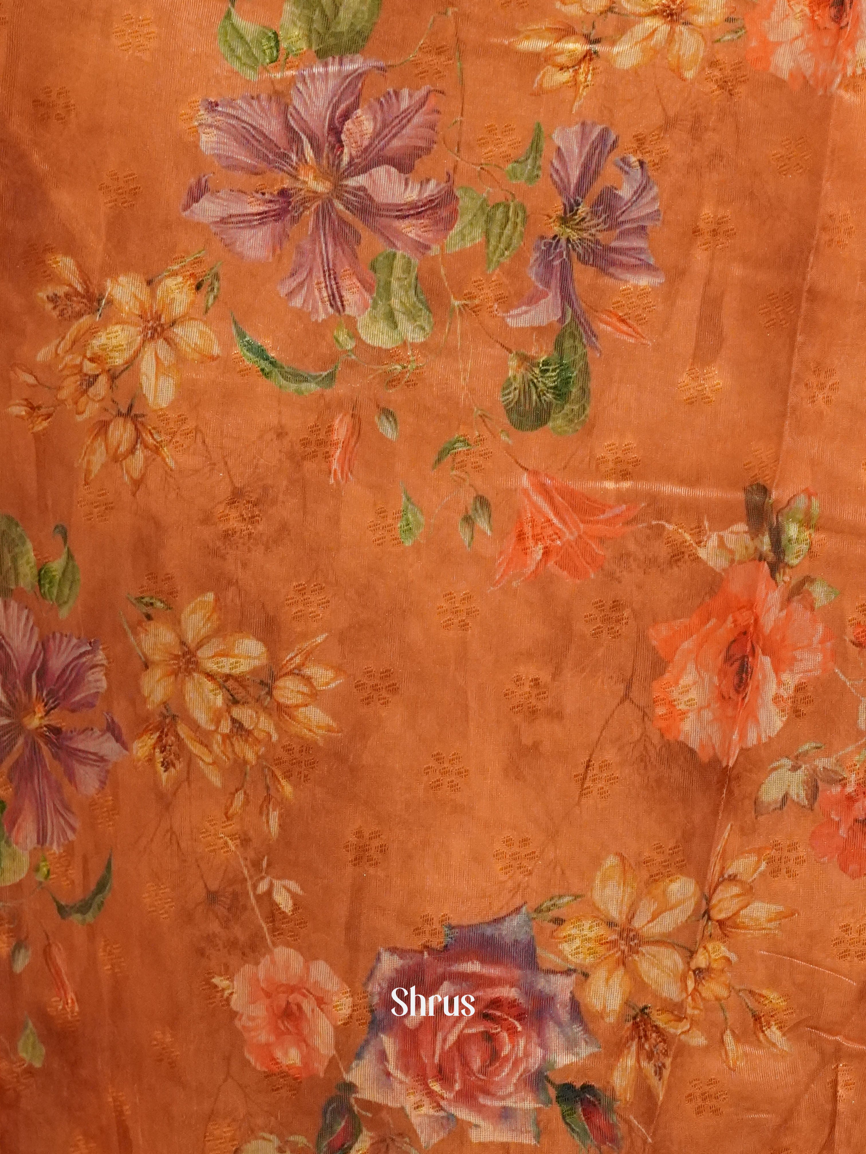 Multicolor & Brick -Semi Jute with digital floral print on the body & Zari Border - Shop on ShrusEternity.com