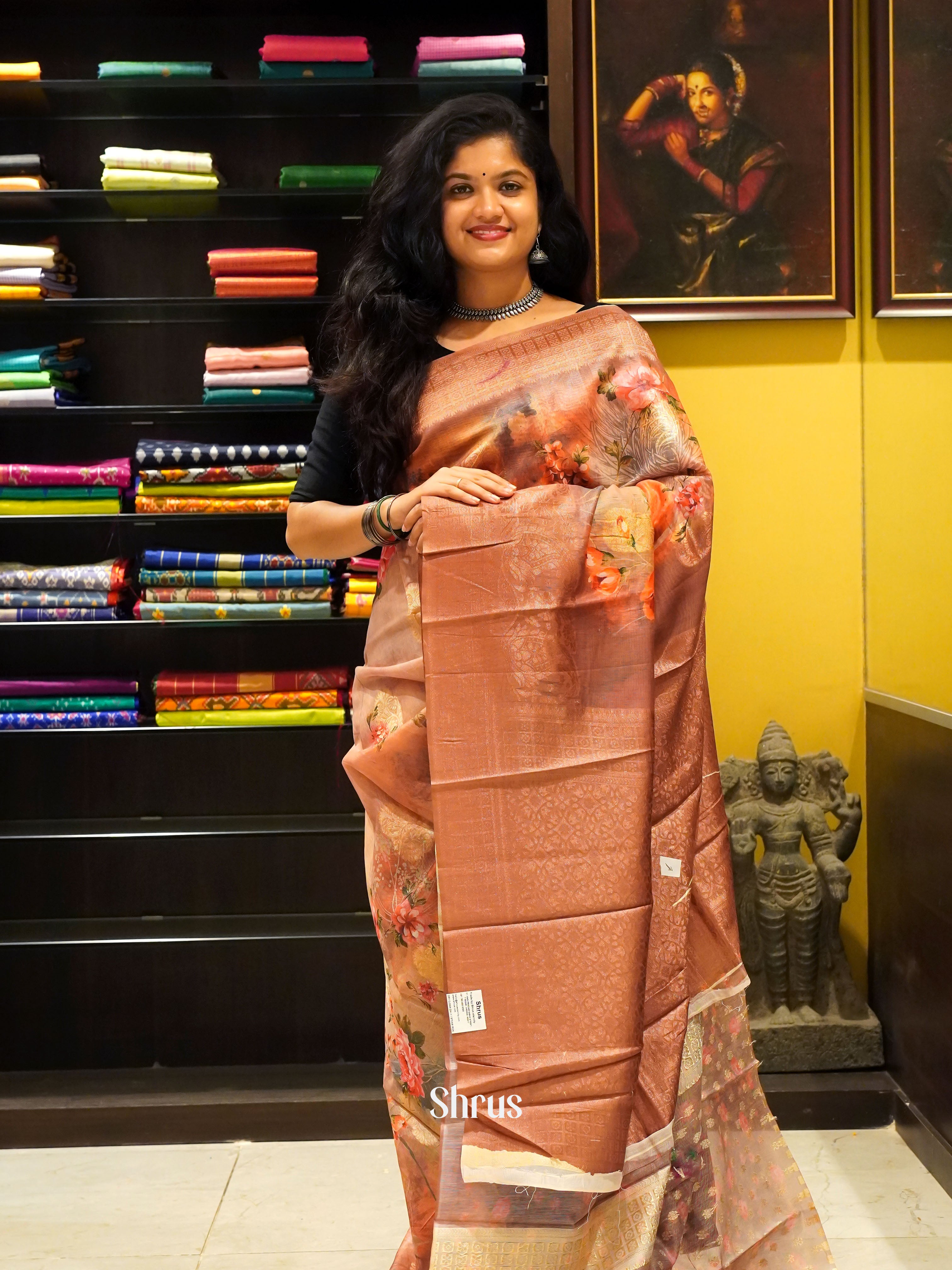 Light Brown(Single Tone)- Semi Jute with digital floral print on the body & Zari Border - Shop on ShrusEternity.com