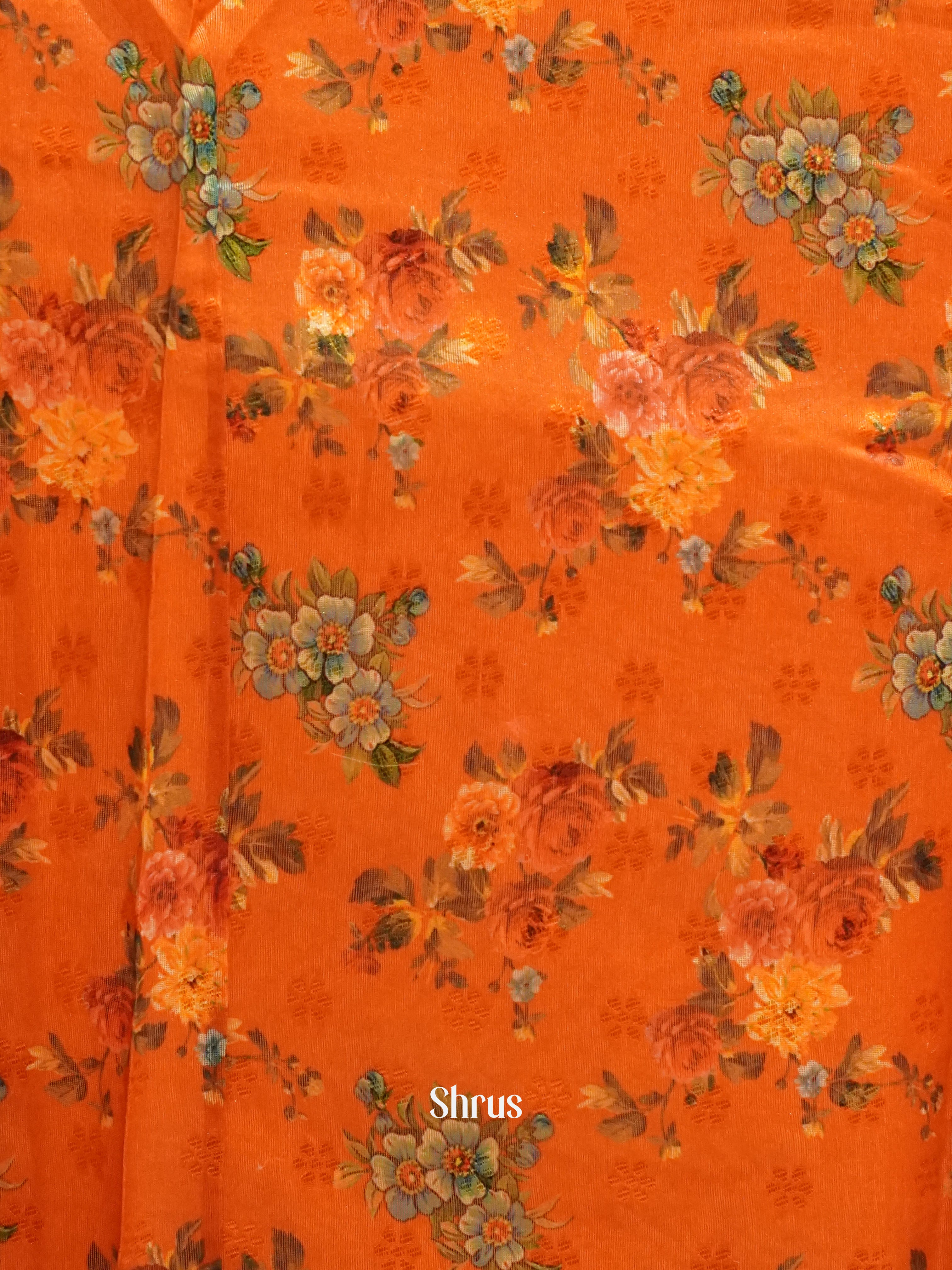 Orange(Single Tone)- Semi Jute with digital floral print on the body & Zari Border - Shop on ShrusEternity.com